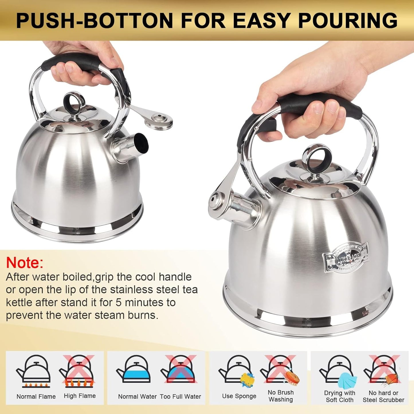 Stainless Steel Stovetop Tea Kettle for Home & Kitchen, 3.0 Qt Capacity