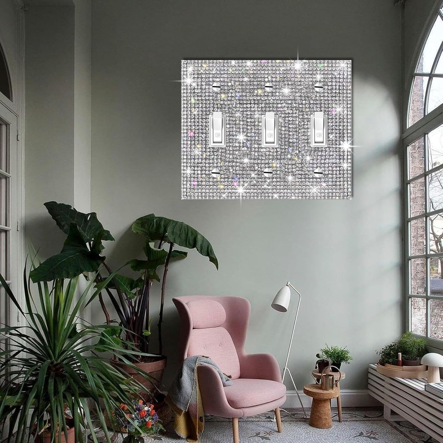 Suluor 2 PC Shiny Silver Rhinestones Wall Plate Cover - Decorative 3 Gang Toggle Outlet Covers with Bling Switch Cover