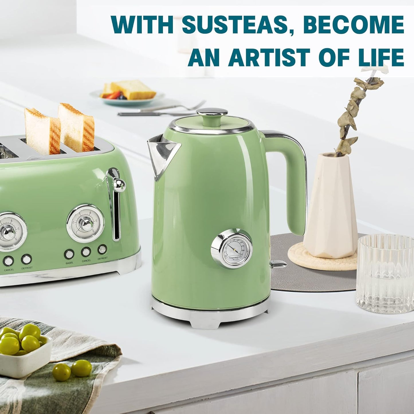 SUSTEAS 2.64 Quart Stove Top Whistling Tea Kettle and 57oz Electric Kettle Set with Thermometer