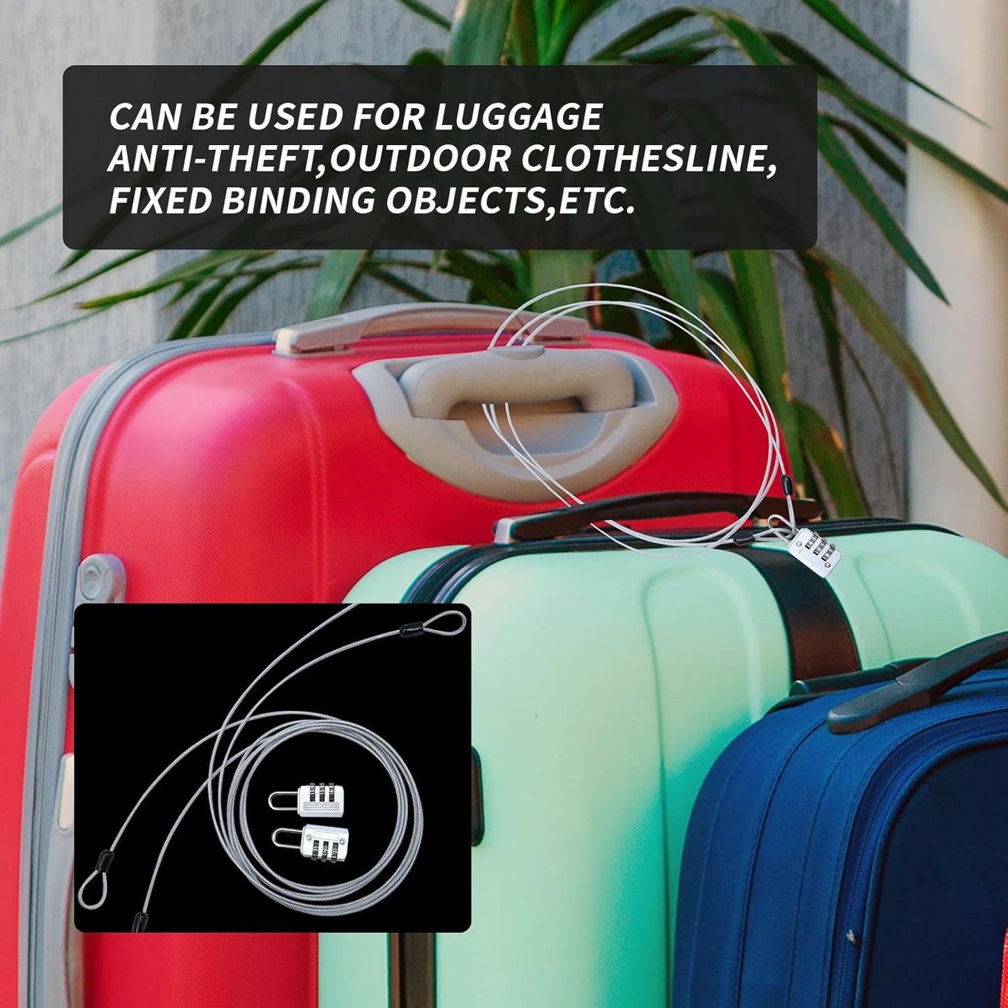 Sydien Double Loop Cable Lock Set - 6.6ft Long Silver Bike Lock Cable with 2.5mm Braided Steel Wire for Security, Luggage, Outdoor Use - Pack of 2