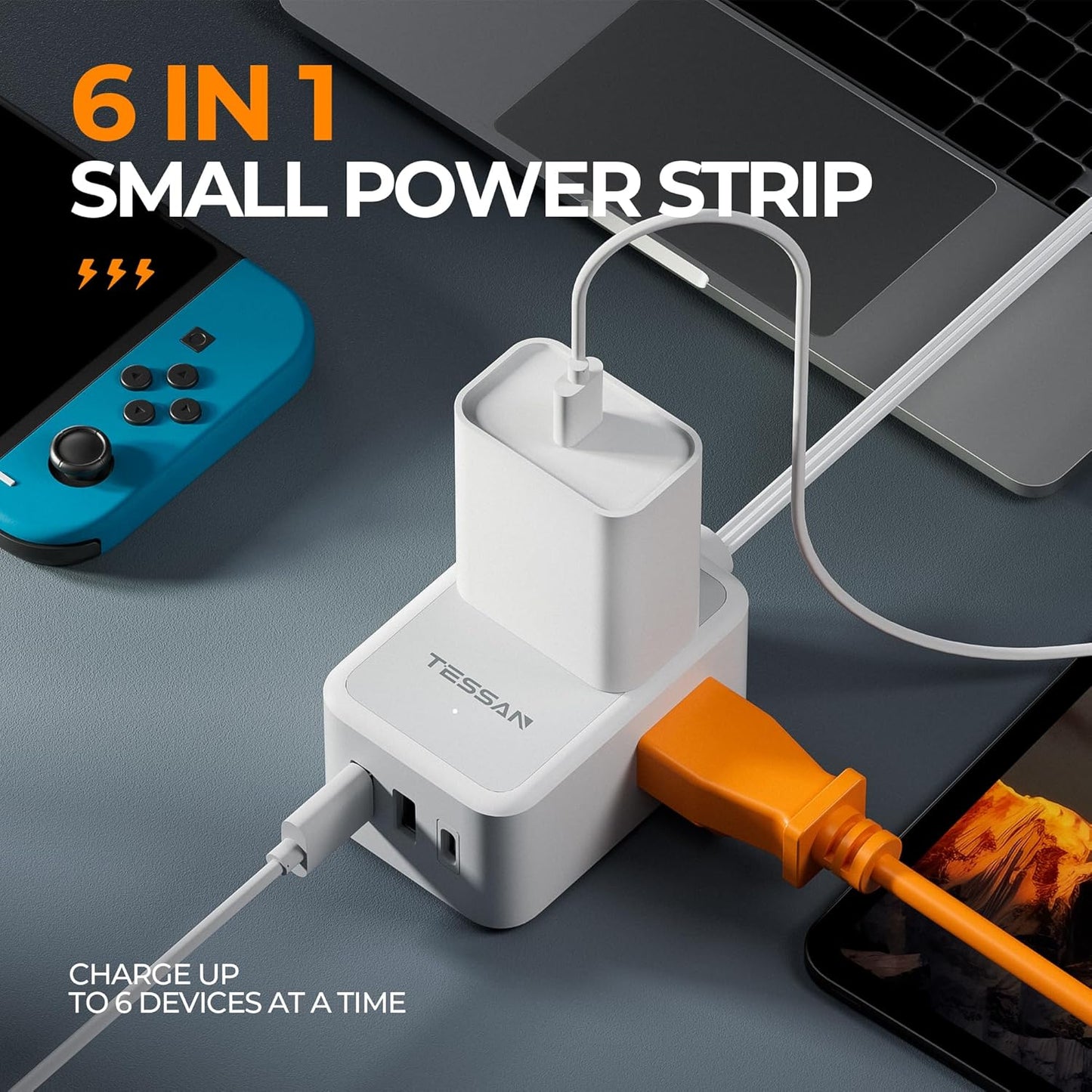 TESSAN Short Flat Extension Cord Power Strip with 3 USB Ports and 3 Outlets - 3 ft Slim Plug for Travel, Office, School, Dorm Room Essentials