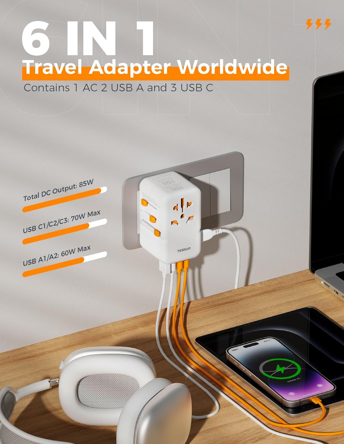 TESSAN Universal Travel Adapter with 5 USB Ports - 85W GaN International Power Adapter for US, Europe, UK, AUS, Ireland