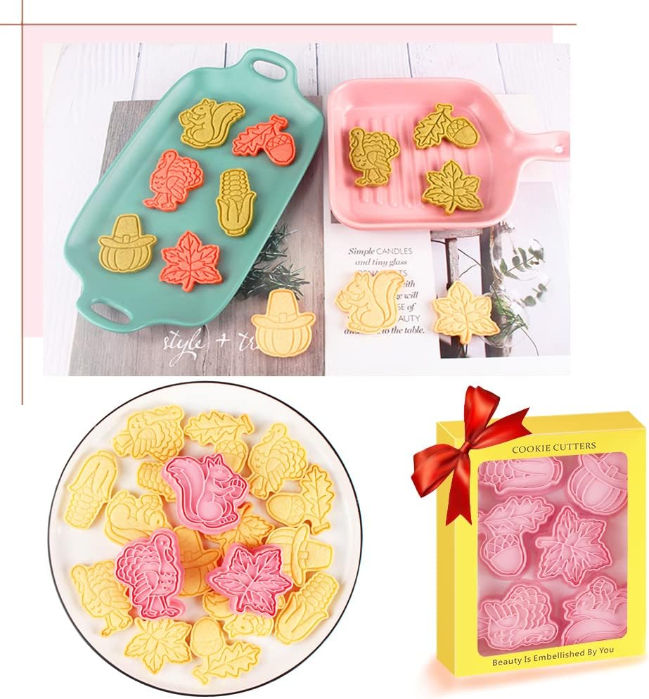 Thanksgiving Cookie Cutters Set - Maple Leaf, Squirrel, Hazelnuts, Turkey, Corn, Pumpkin 3D Cutters and Stamper - Pack of 12