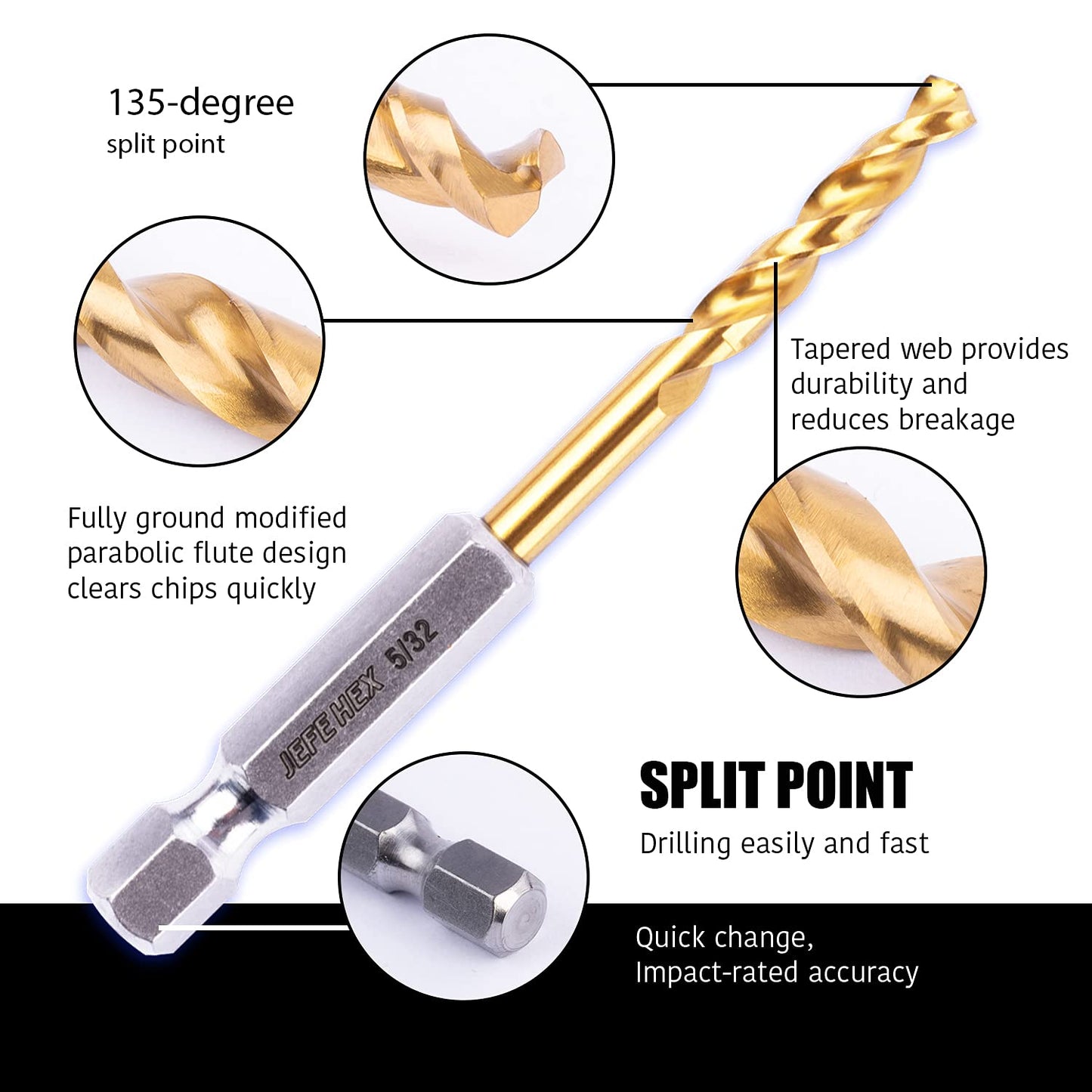 Titanium Coated HSS Twist Drill Bit Set, 5/32" Hex Shank, High Speed Steel Bits for Steel, Copper, Aluminum, Zinc Alloy, Cast Iron, Wood Plastic - Pack of 2