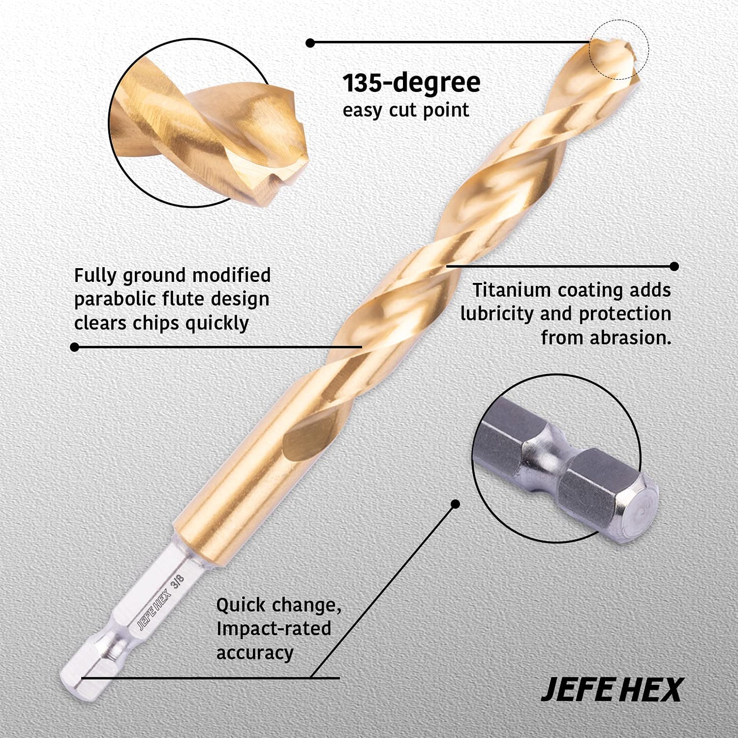Titanium Coated Twist Drill Bits Set with 3/8" Hex Shank - 135 Degree Split Point for Steel, Copper, Aluminum, Wood - 5 Piece