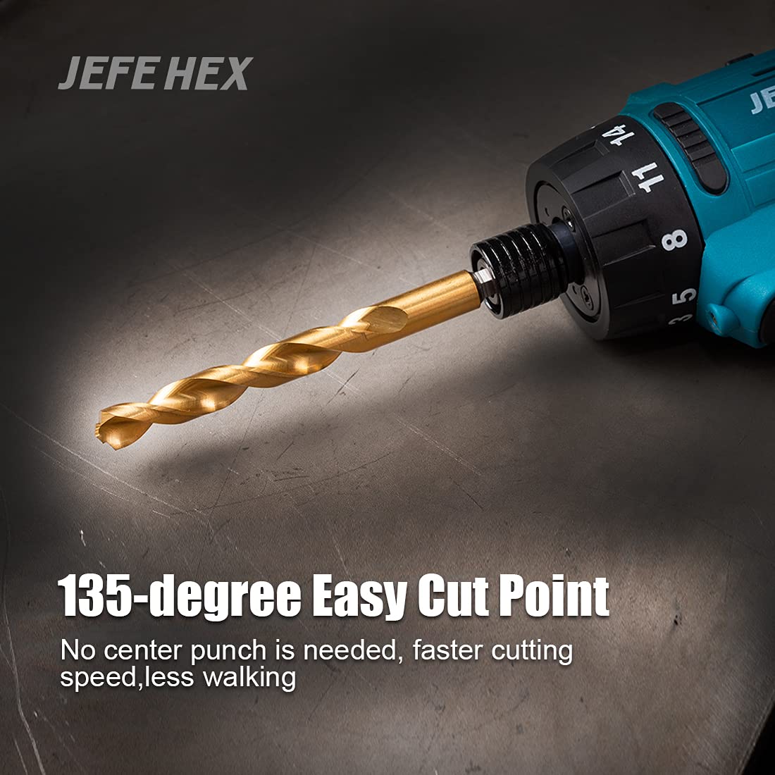 Titanium Coated Twist Drill Bits Set with 3/8" Hex Shank - 135 Degree Split Point for Steel, Copper, Aluminum, Wood - 5 Piece