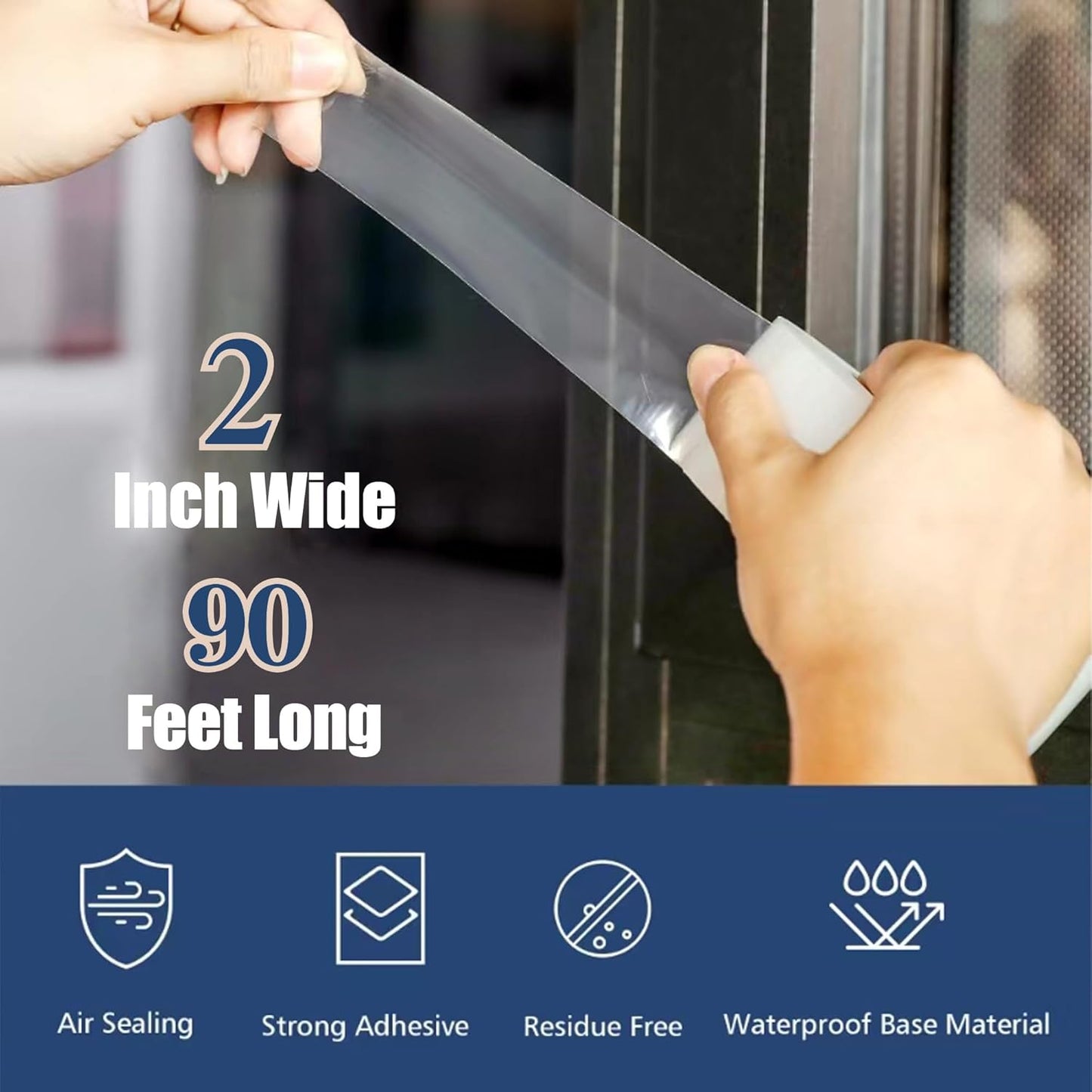 Transparent Heavy Duty Window Weather Sealing Tape - 2 Inch Wide 90 FT Long for Winter and AC Insulation - Mess-Free Seal Kit