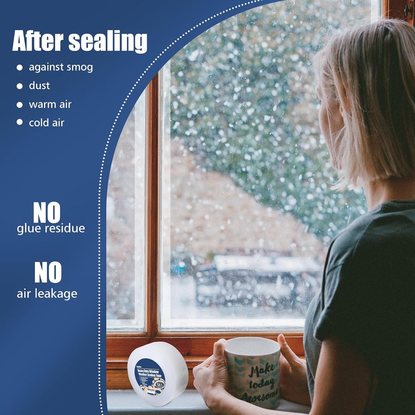 Transparent Heavy Duty Window Weather Sealing Tape - 2 Inch Wide 90 FT Long for Winter and AC Insulation - Mess-Free Seal Kit