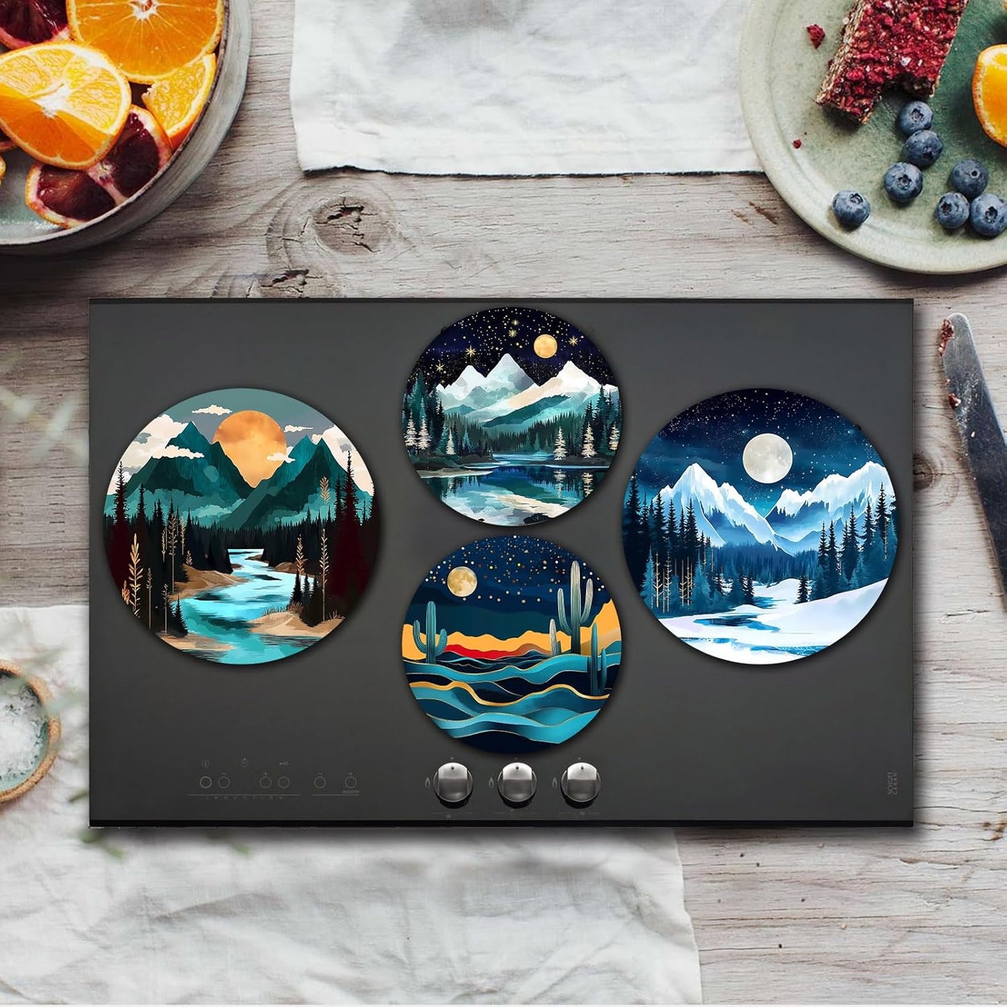 Tucocoo Morning Stars Landscape Burner Covers Set - 8" and 10" Round Electric Stove Range Cooktop Decor - Set of 4