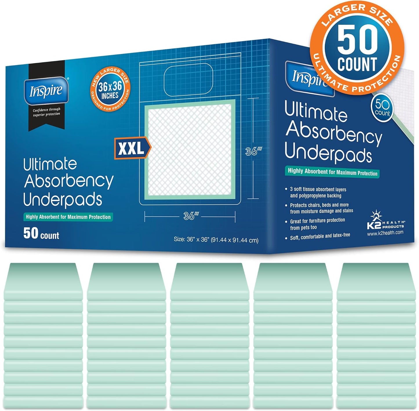 Ultra Absorbent Disposable Bed Pads for Incontinence - 36" X 36" (Pack of 50) - Extra Large Underpads for Adults, Puppies, Dogs - Furniture Protection - Thick and Absorbent