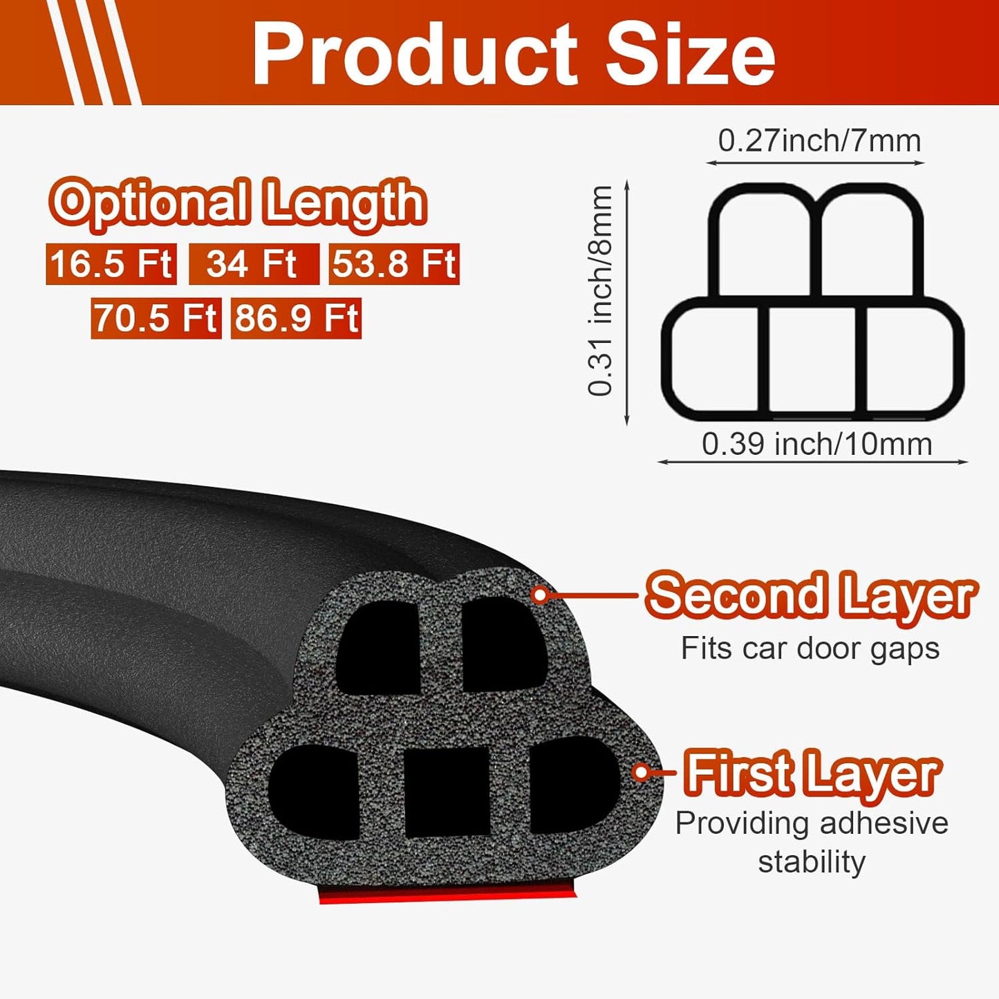 Universal 53.8 Ft Car Door Seal Strip with Self Adhesive Weather Stripping - Double Layer Soundproofing Rubber Seal Strip for Car Truck Windows