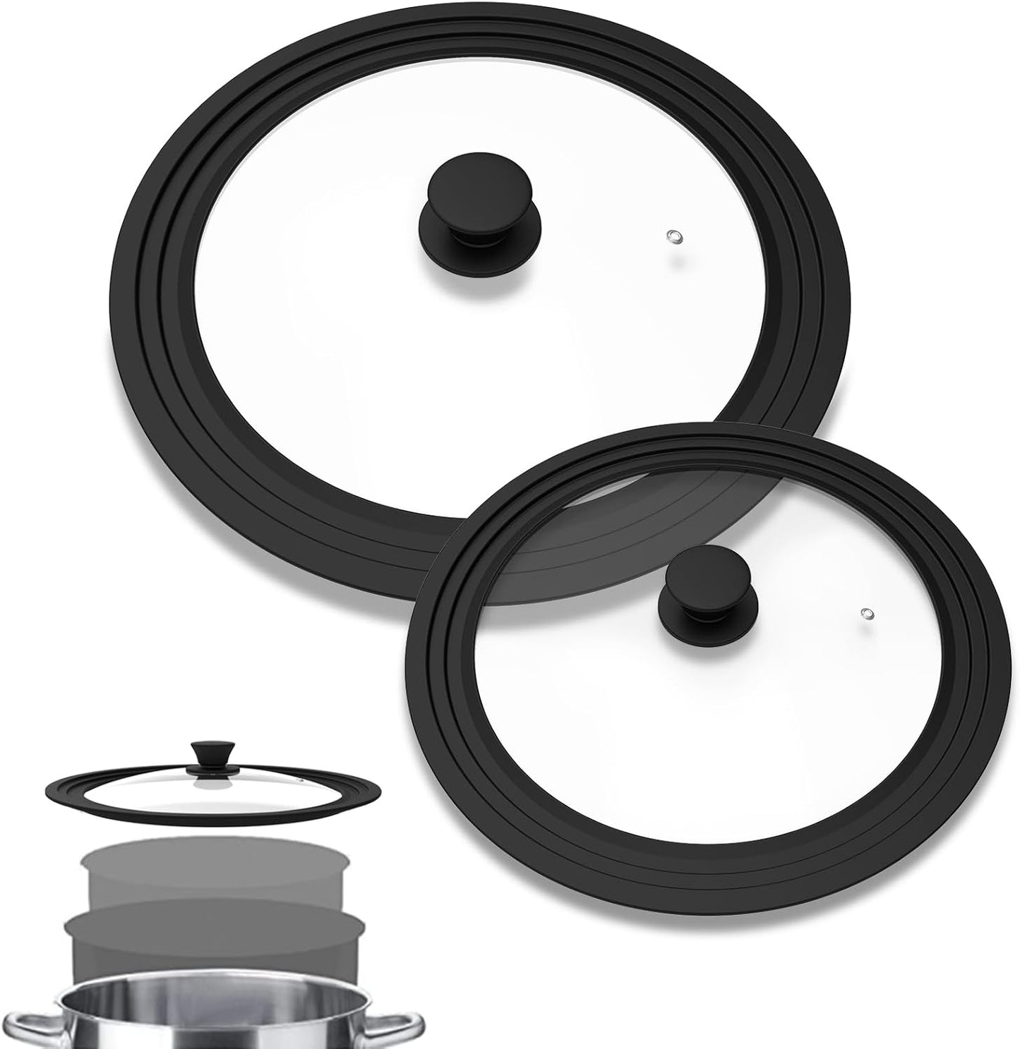 Universal Lid for Cookware, 2 Pack - Tempered Glass with Heat Resistant Silicone Rim, Fits 6" to 12" Pots, Pans, and Skillets
