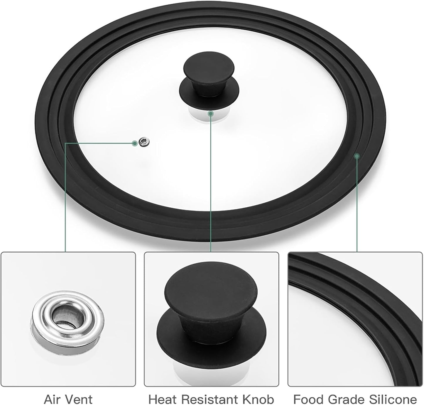 Universal Lid for Cookware, 2 Pack - Tempered Glass with Heat Resistant Silicone Rim, Fits 6" to 12" Pots, Pans, and Skillets