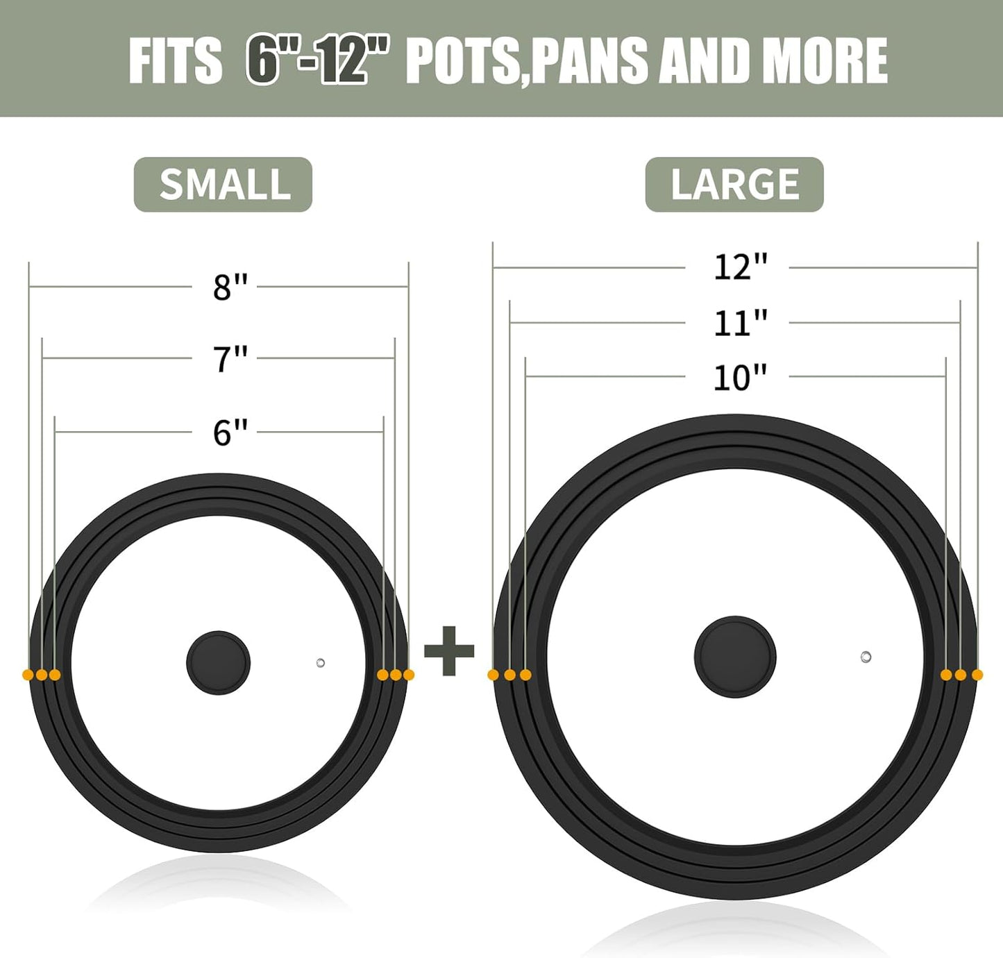 Universal Lid for Cookware, 2 Pack - Tempered Glass with Heat Resistant Silicone Rim, Fits 6" to 12" Pots, Pans, and Skillets