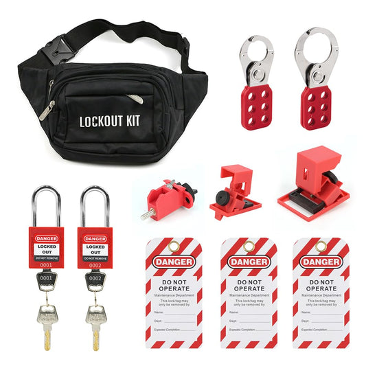 Universal Lockout Tagout Kit for Electrical Safety - Multi-Pole Breaker Lockout with Clamp-On Circuit Breaker Hasps and Red Padlock - Keyed Alike Tags Included