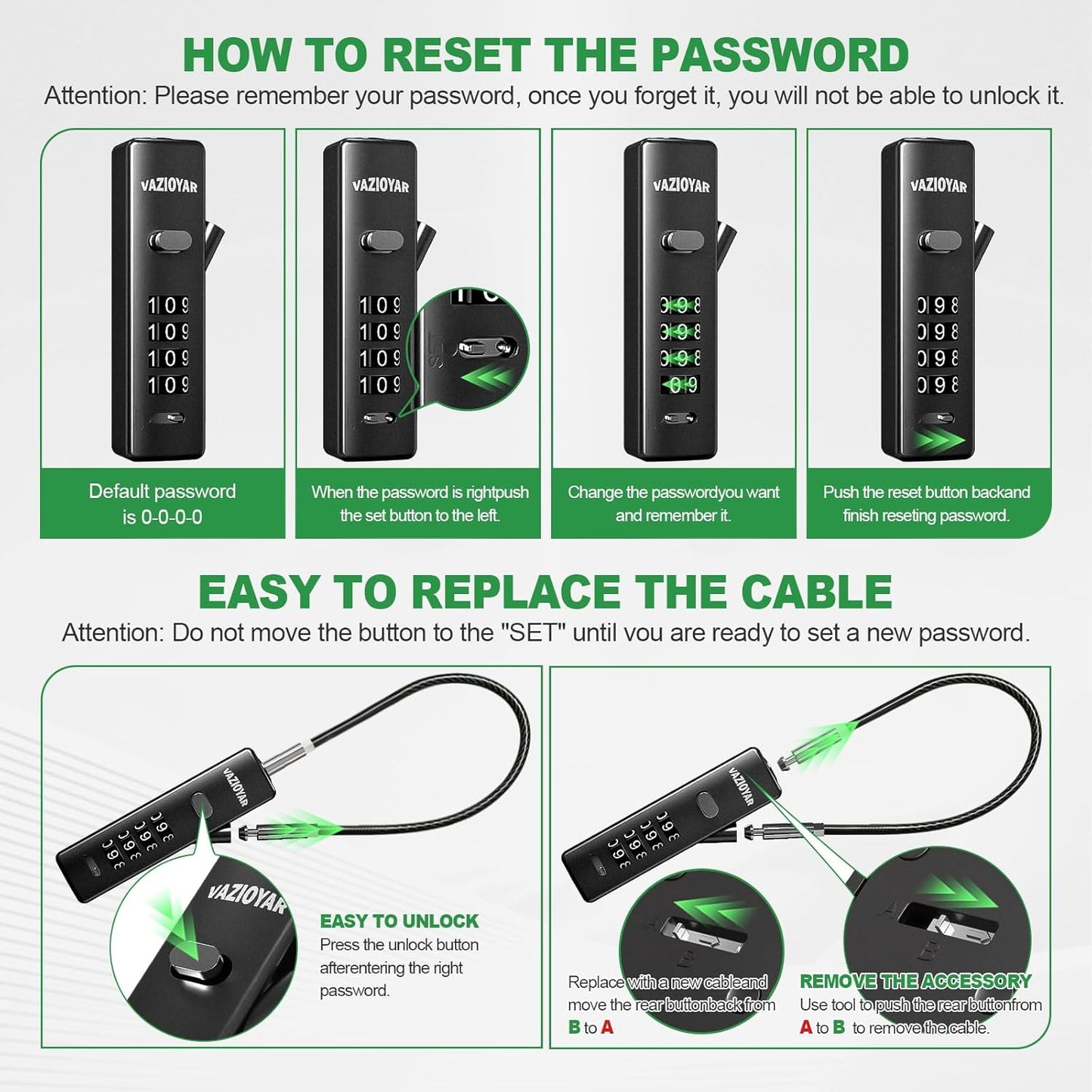Vazioyar Combination Cable Lock for Bicycles and Suitcases - 3 Length Options, Resettable 4-Digit Password, Durable Zinc Alloy Body - Black