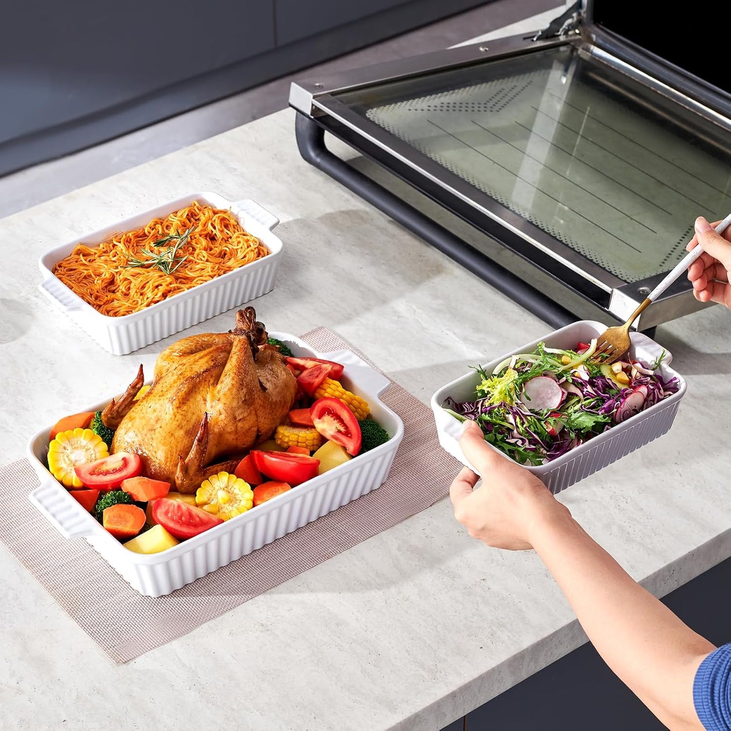VEVOR 9x13 Ceramic Baking Dish Set of 3 - Rectangular Casserole Pans with Handles, Oven Safe Lasagna Pans for Cooking, Thanksgiving, White