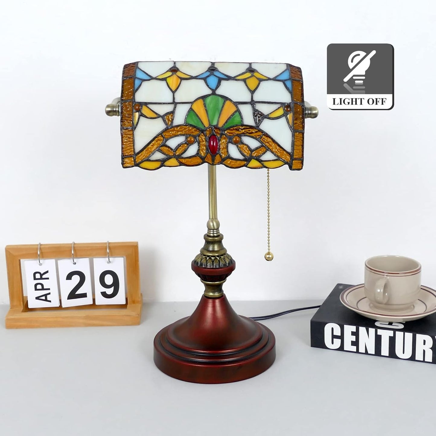 Vintage Beige Baroque Style Banker Lamp with Stained Glass - 10" Wide 15" Tall Tiffany Desk Light for Home Living Room Nightstand