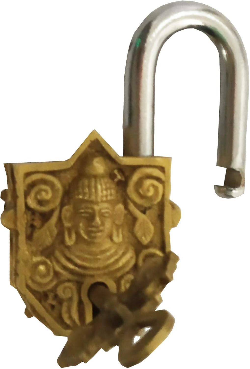Vintage Brass Padlock with Lord Buddha Design for Small Safety - Purpledip (12142)