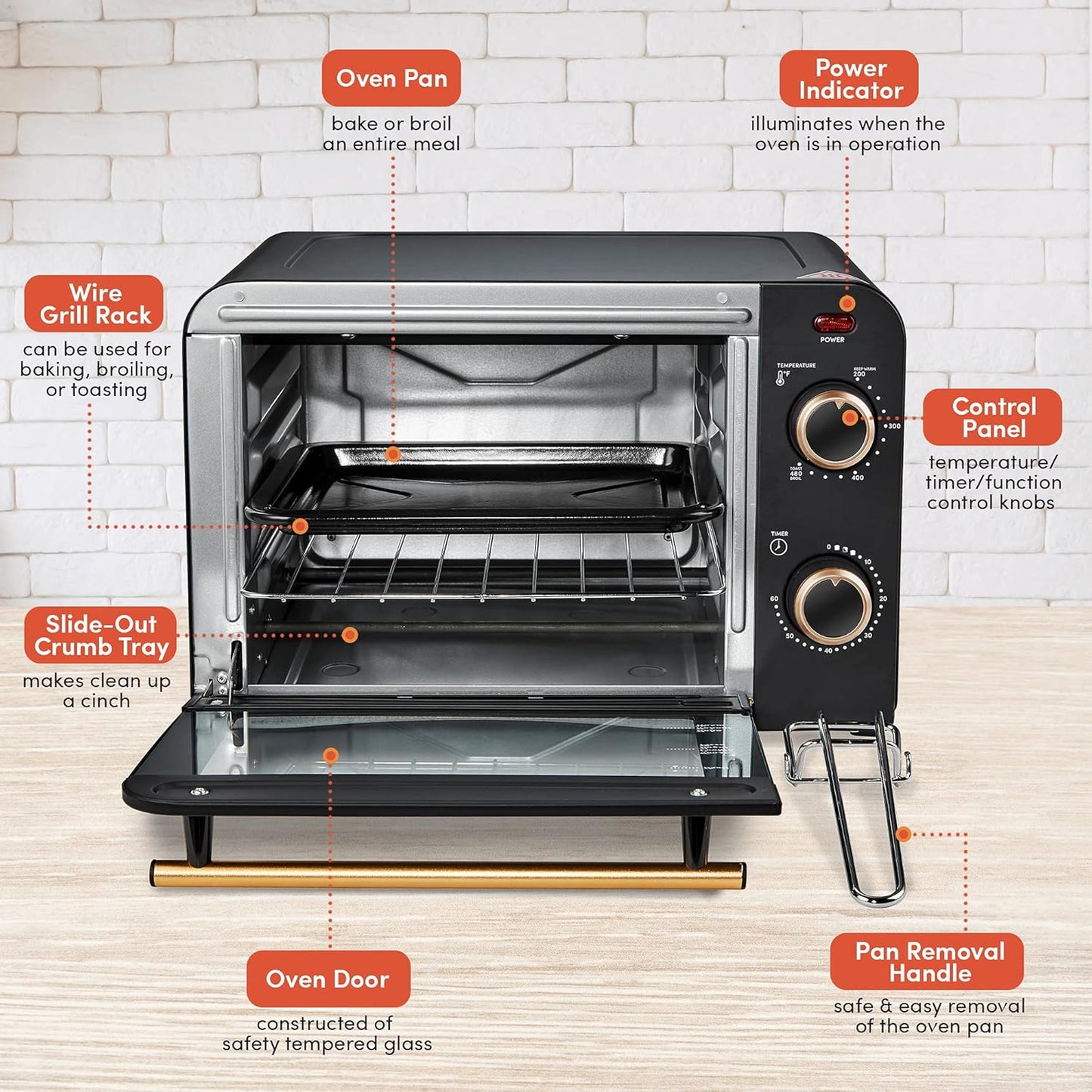Vintage Diner 50’s Retro Countertop Toaster Oven - Elite Gourmet Americana, Fits 9” Pizza, Bake, Broil, Toast, Temperature Control, 60-Minute Timer, Black, 4 Slice