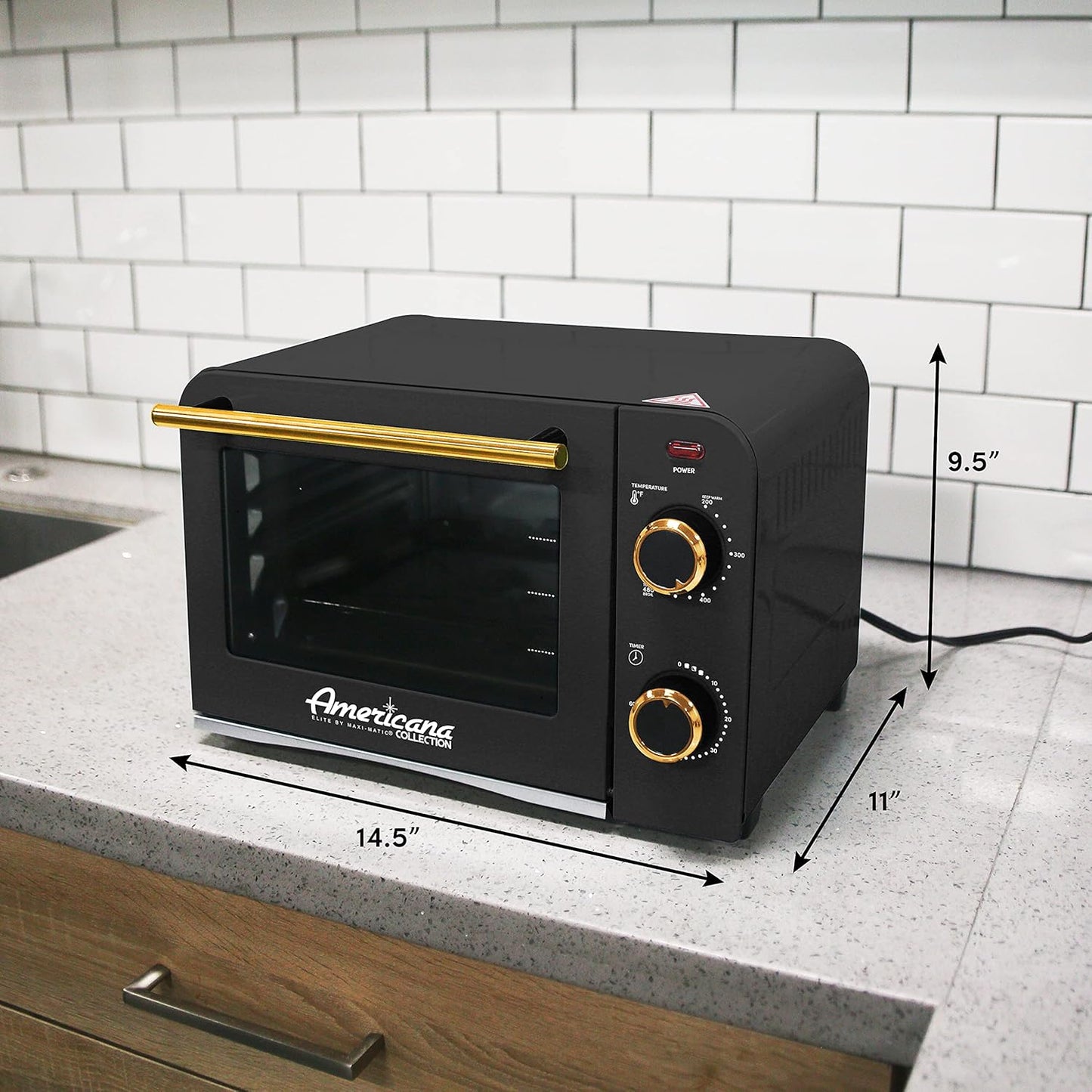 Vintage Diner 50’s Retro Countertop Toaster Oven - Elite Gourmet Americana, Fits 9” Pizza, Bake, Broil, Toast, Temperature Control, 60-Minute Timer, Black, 4 Slice