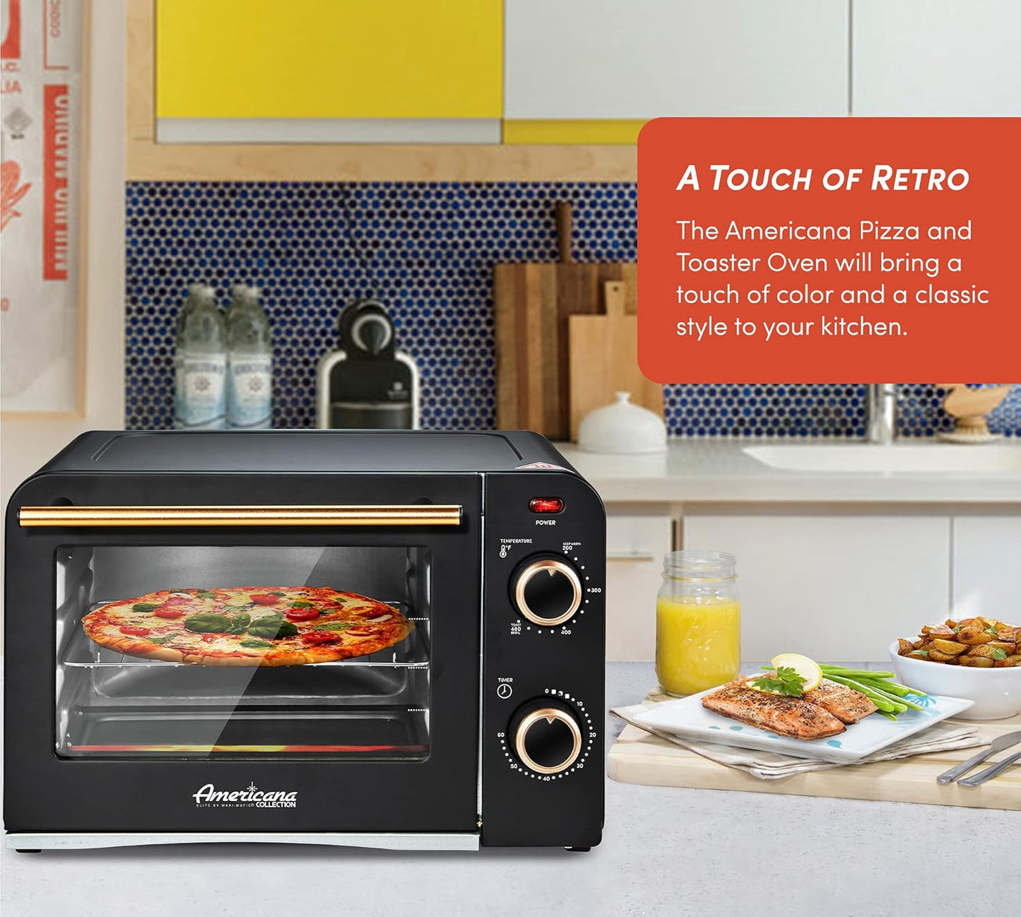 Vintage Diner 50’s Retro Countertop Toaster Oven - Elite Gourmet Americana, Fits 9” Pizza, Bake, Broil, Toast, Temperature Control, 60-Minute Timer, Black, 4 Slice
