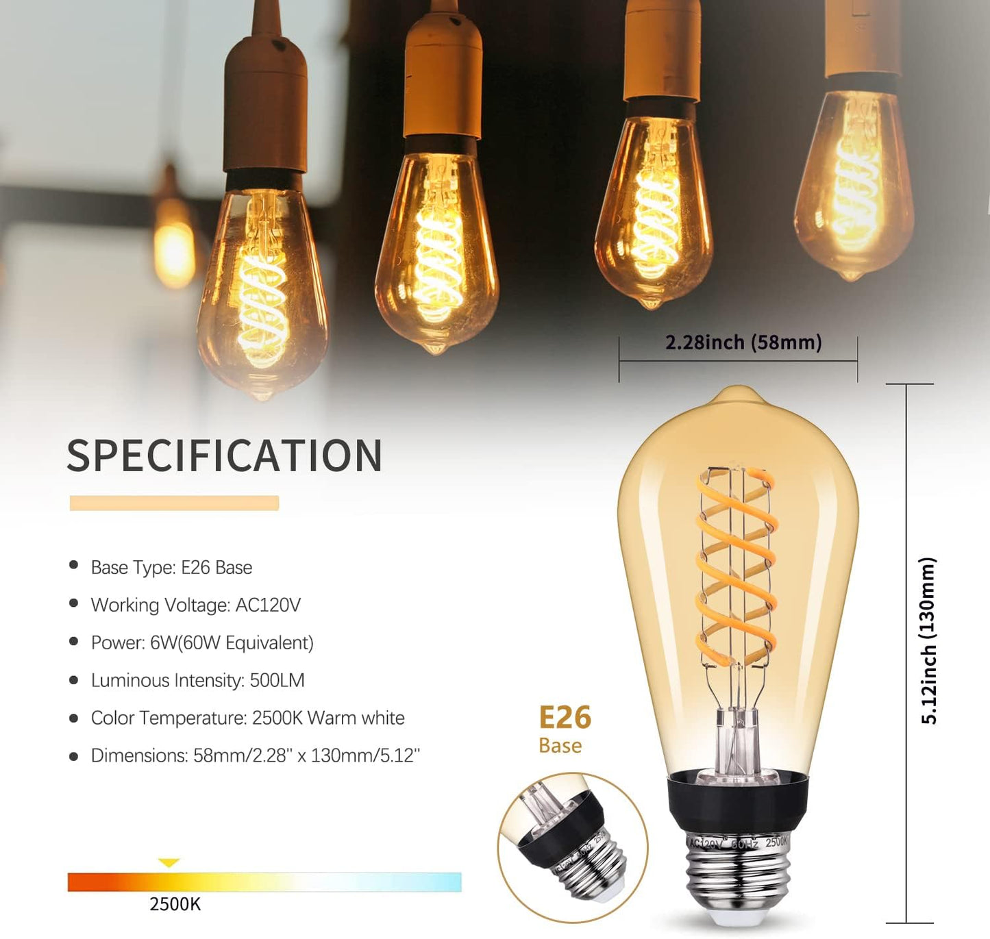 Vintage LED Edison Bulb 6W Warm White 2500K Amber Glass Spiral Filament Light Bulb Dimmable 6 Pack