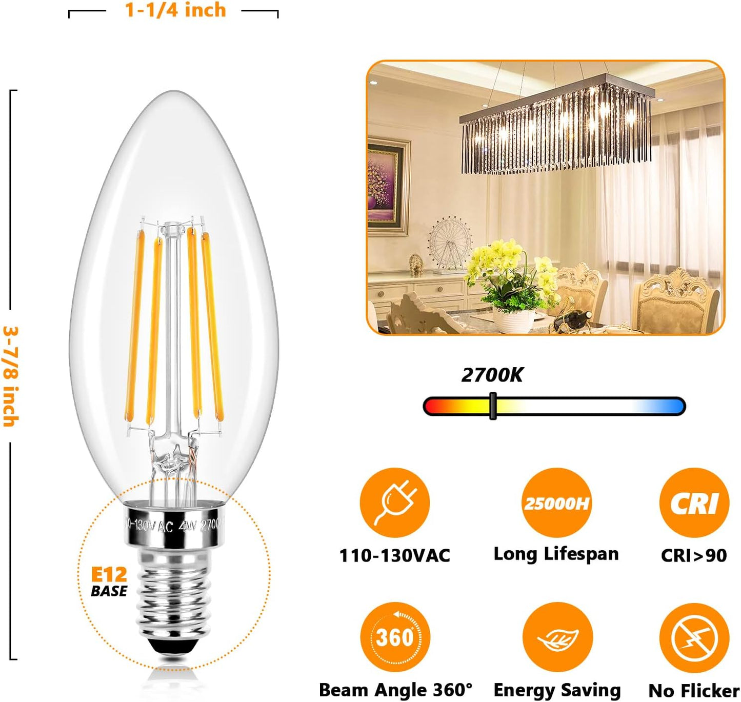 Vintage Style E12 LED Candelabra Bulbs 40W Equivalent - Warm White 2700K Edison Bulbs for Chandelier - 5 Pack