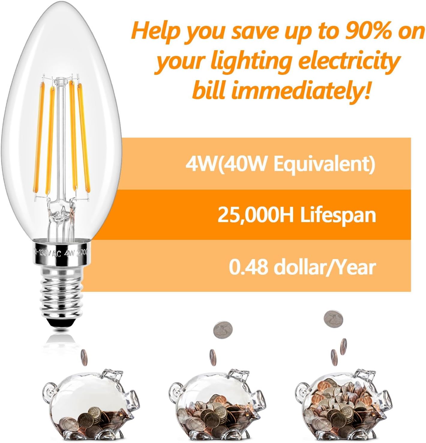 Vintage Style E12 LED Candelabra Bulbs 40W Equivalent - Warm White 2700K Edison Bulbs for Chandelier - 5 Pack