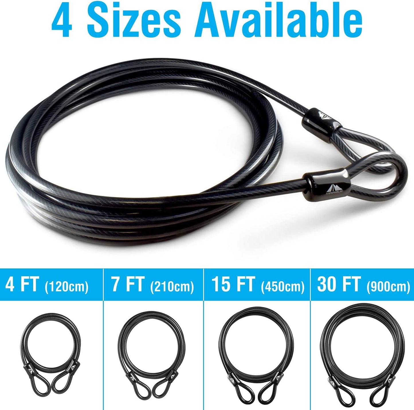 Vinyl Coated Steel Cable with Double Sealed Looped Ends - 3/8 inch Thick - Ideal for U-Locks, Padlocks, Disc Locks - Available in Multiple Lengths (30 FT)