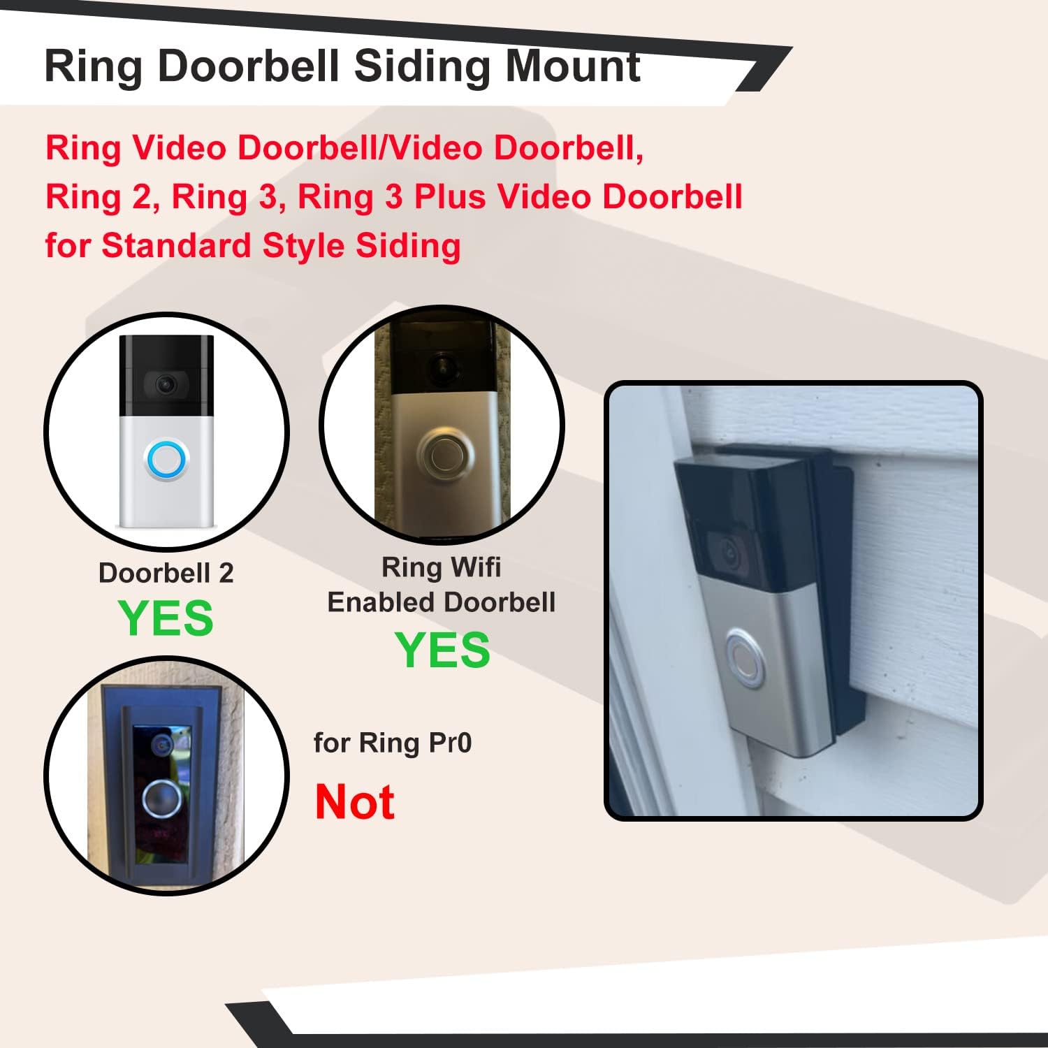 Vinyl Siding Mounting Plate for Ring Video Doorbell 2, 3, 3 Plus - Angle Adjustment Adapter with Hardware - Compatible with Standard Style Siding