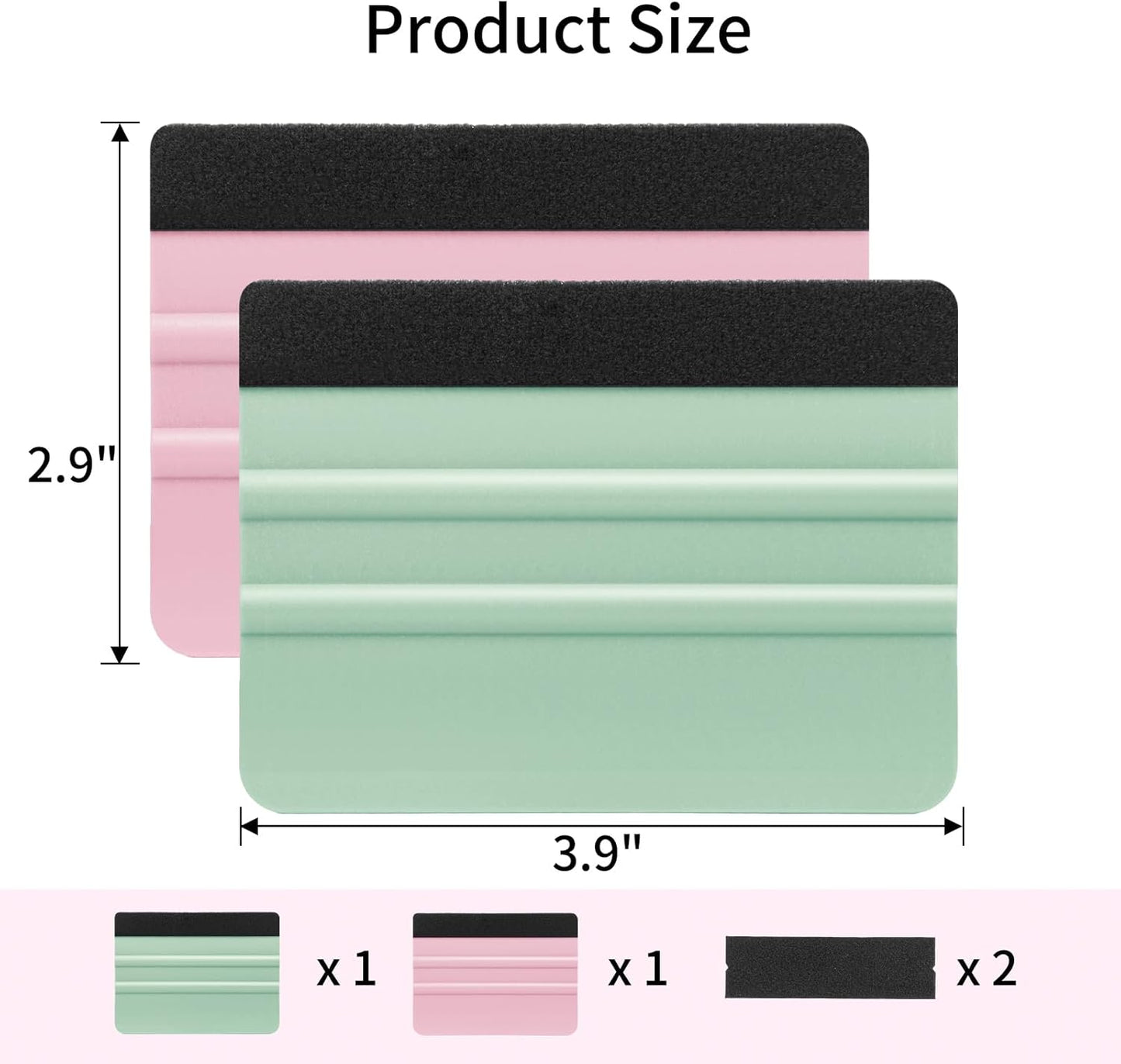 Vinyl Squeegee Set with 2 Felt Replacements - 4 Inch Tools for Car Wrap, Sign Making, Window Tinting - Teal/Pink