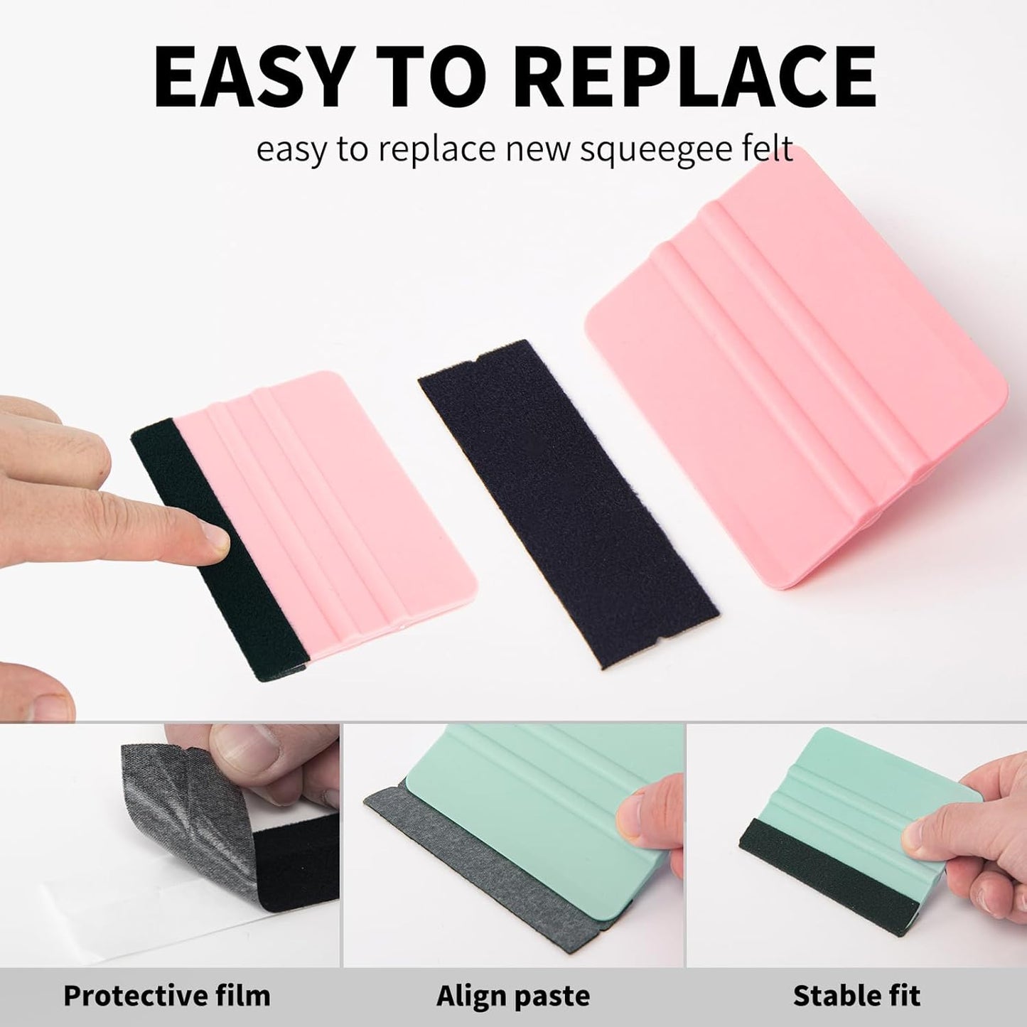 Vinyl Squeegee Set with 2 Felt Replacements - 4 Inch Tools for Car Wrap, Sign Making, Window Tinting - Teal/Pink