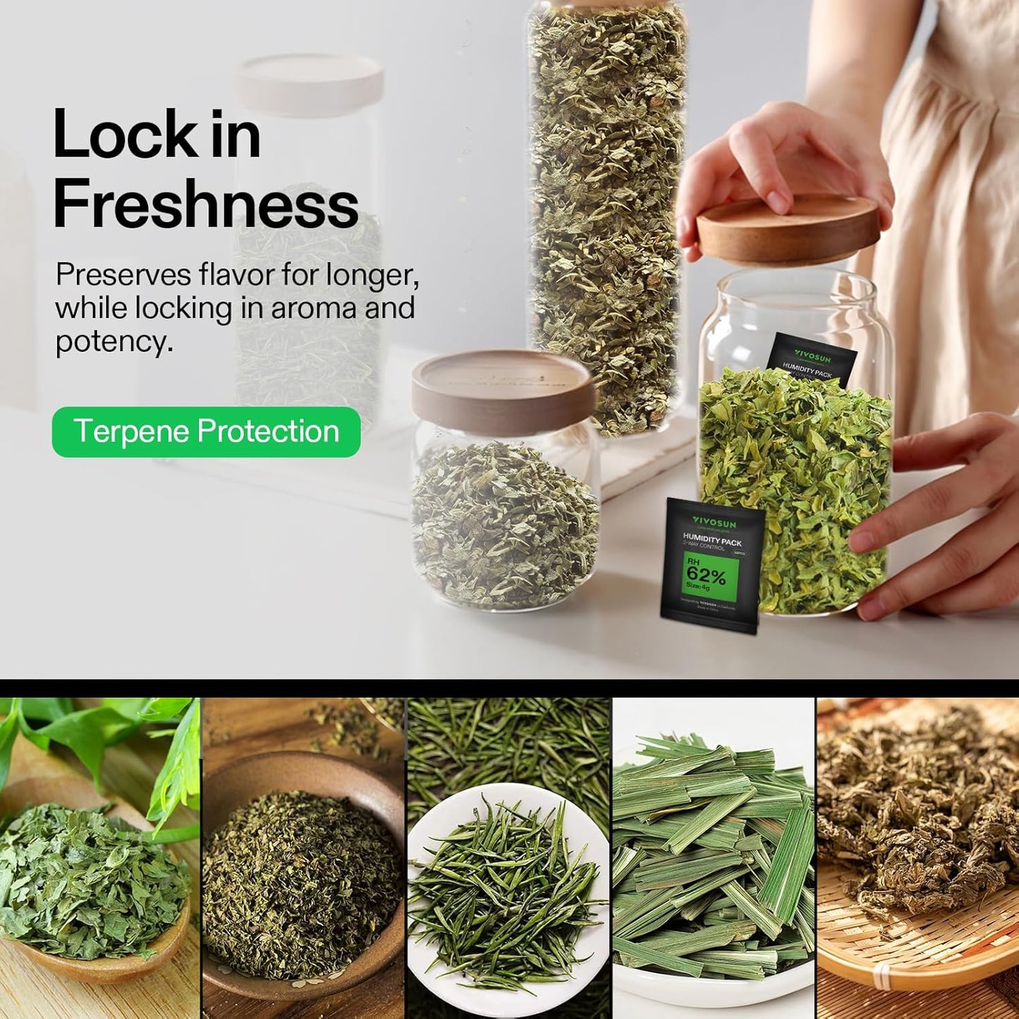 VIVOSUN 10-Pack 4g Two-Way Humidity Control Packs for Food & Herb Storage - Maintains 62% RH Level, Includes RH Indicator Card