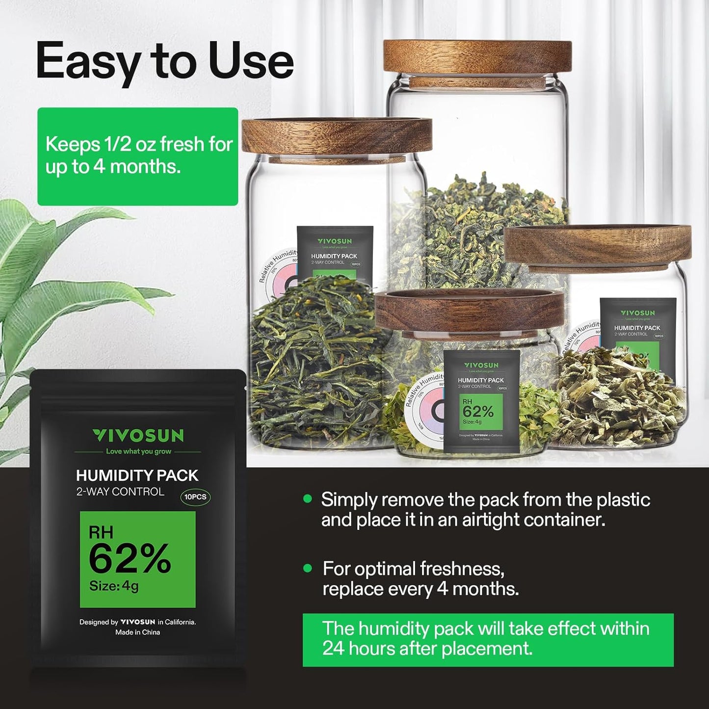 VIVOSUN 10-Pack 4g Two-Way Humidity Control Packs for Food & Herb Storage - Maintains 62% RH Level, Includes RH Indicator Card