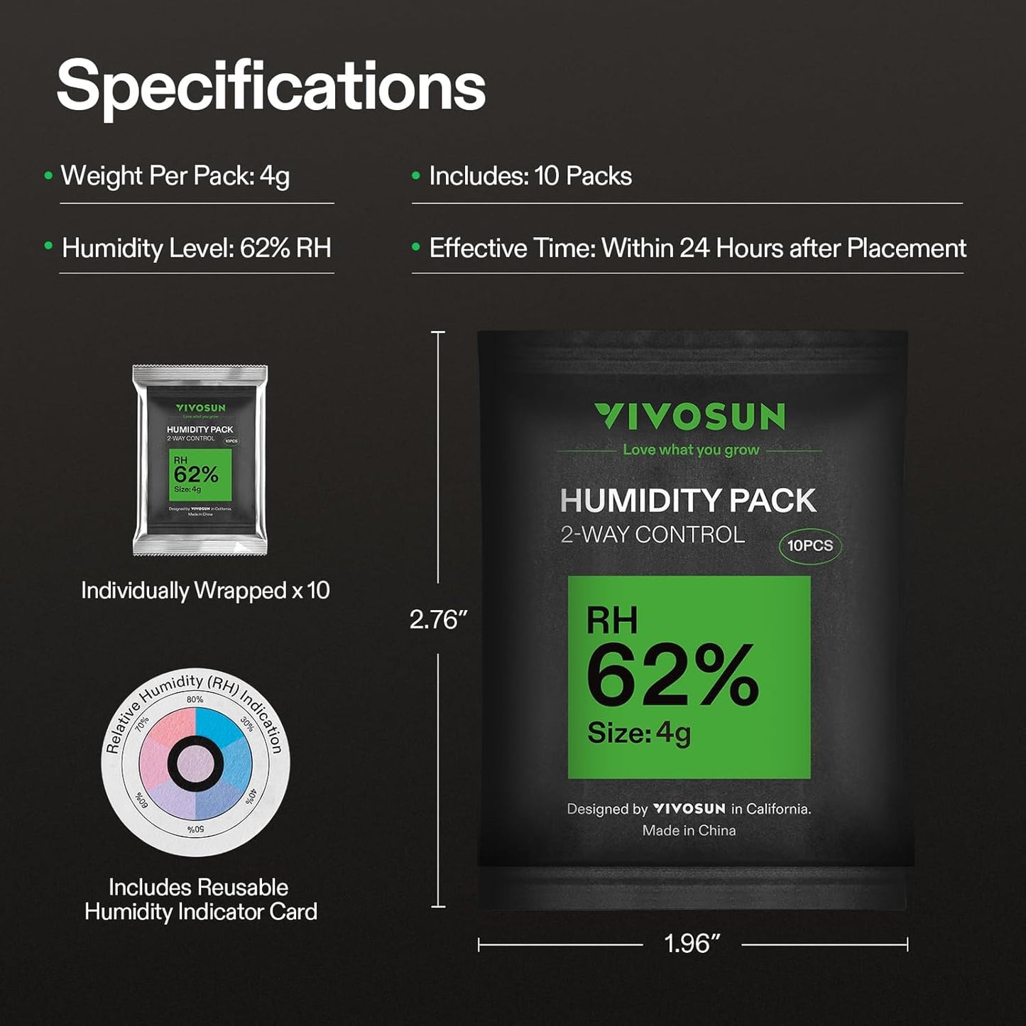 VIVOSUN 10-Pack 4g Two-Way Humidity Control Packs for Food & Herb Storage - Maintains 62% RH Level, Includes RH Indicator Card