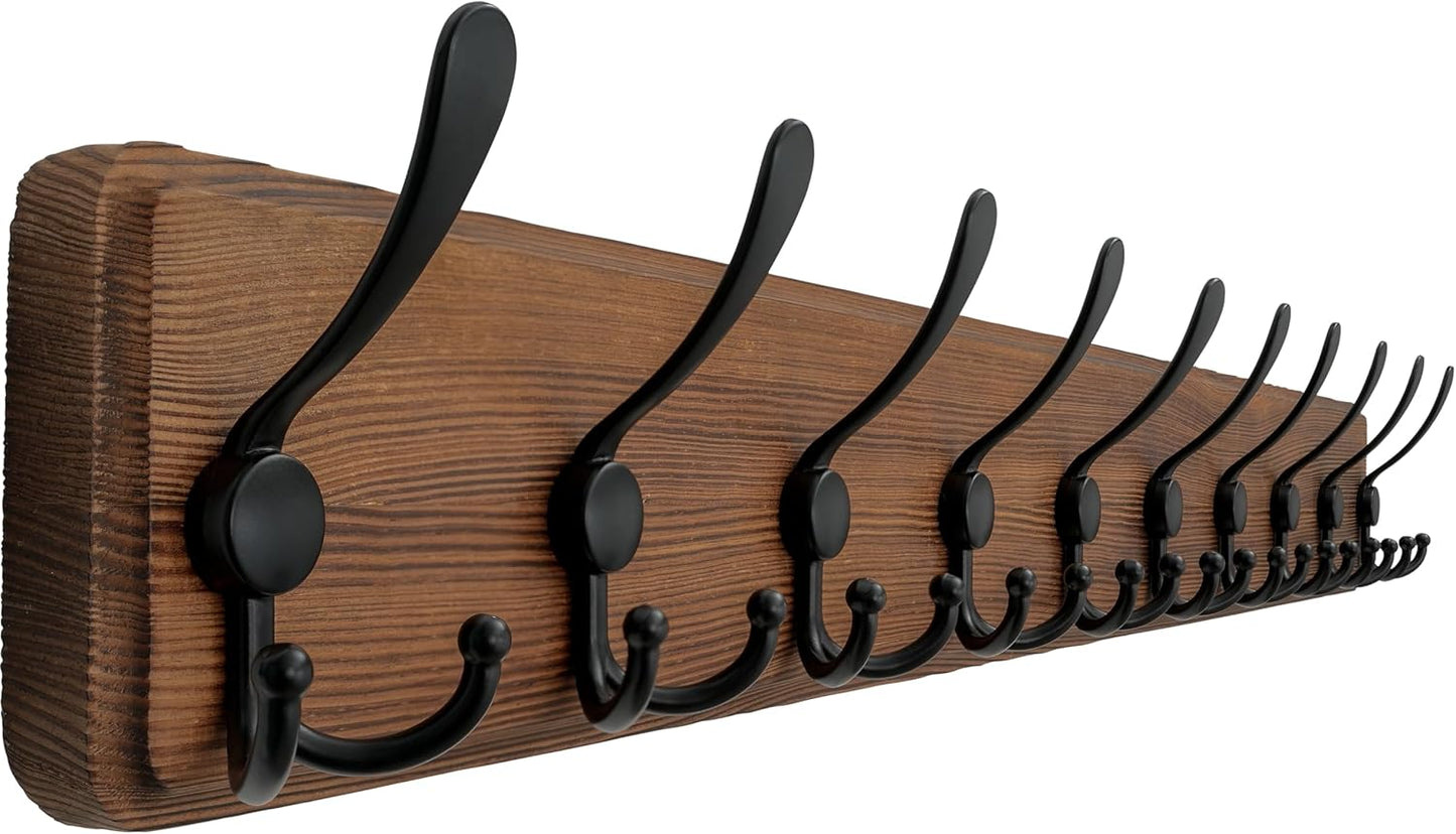 Wall Mounted Coat Rack with 10 Tri Hooks, 38-1/4" Long - Heavy Duty Wooden Hanger for Clothes, Hats, Jackets - Natural & Black Color Options