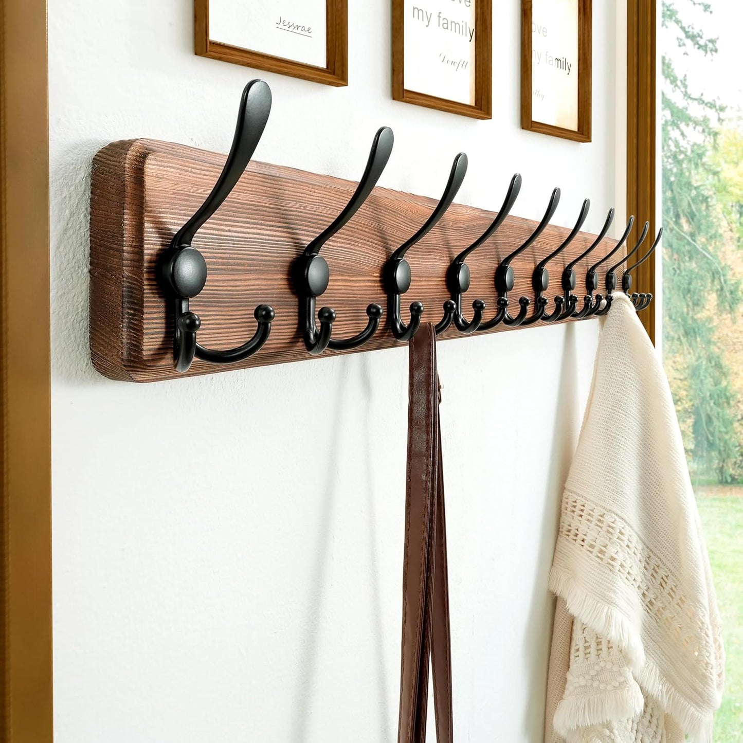 Wall Mounted Coat Rack with 10 Tri Hooks, 38-1/4" Long - Heavy Duty Wooden Hanger for Clothes, Hats, Jackets - Natural & Black Color Options