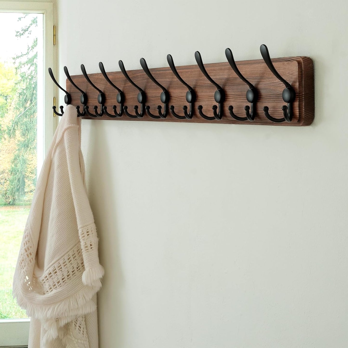 Wall Mounted Coat Rack with 10 Tri Hooks, 38-1/4" Long - Heavy Duty Wooden Hanger for Clothes, Hats, Jackets - Natural & Black Color Options