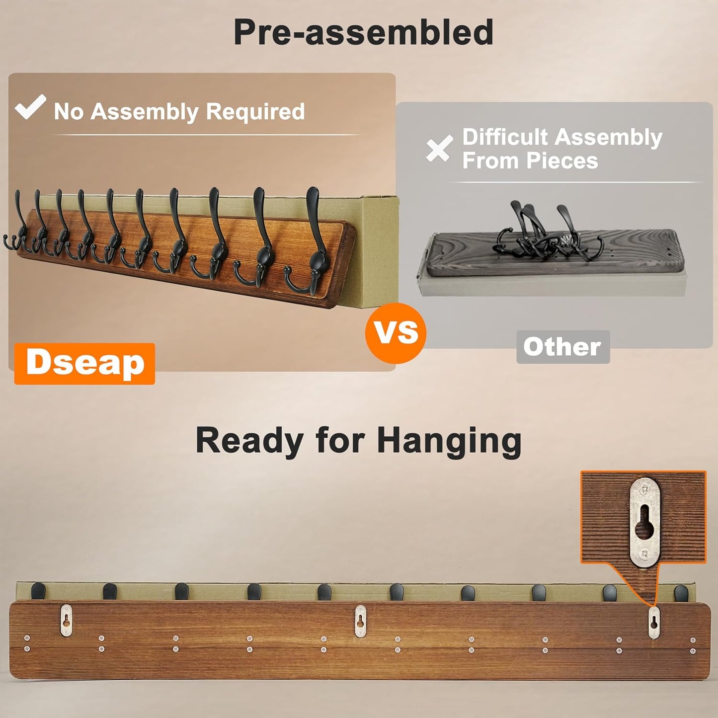 Wall Mounted Coat Rack with 10 Tri Hooks, 38-1/4" Long - Heavy Duty Wooden Hanger for Clothes, Hats, Jackets - Natural & Black Color Options