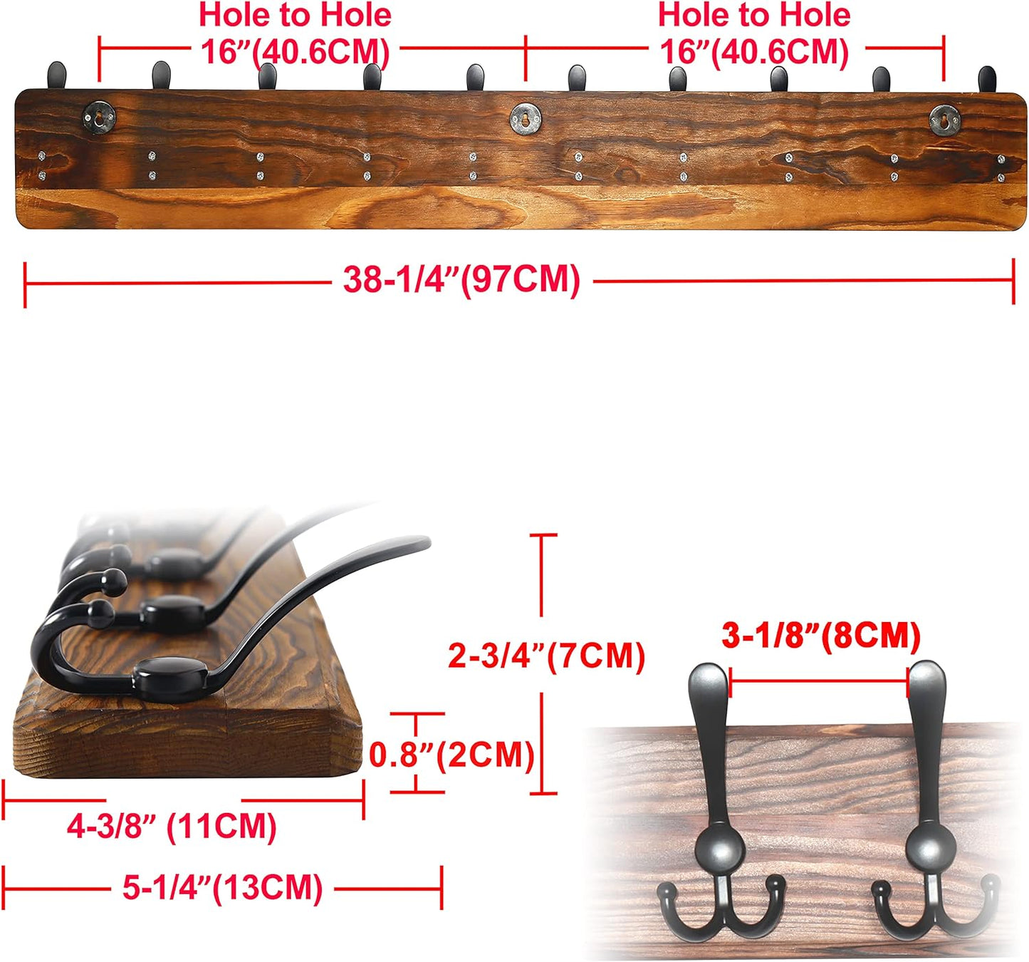 Wall Mounted Coat Rack with 10 Tri Hooks, 38-1/4" Long - Heavy Duty Wooden Hanger for Clothes, Hats, Jackets - Natural & Black Color Options