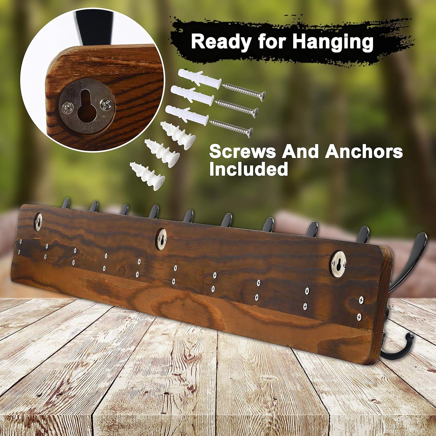Wall Mounted Coat Rack with 10 Tri Hooks, 38-1/4" Long - Heavy Duty Wooden Hanger for Clothes, Hats, Jackets - Natural & Black Color Options
