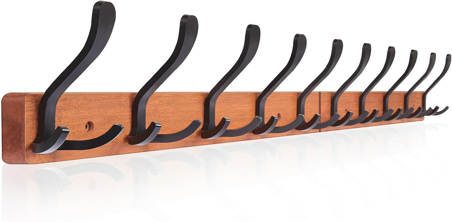 Wall-Mounted Coat Rack with 10 Triple Hooks - Brown Wooden Wall Hooks Rack for Entryway, Bathroom, Living Room - 33.5'' Coat Hat Clothes Rack