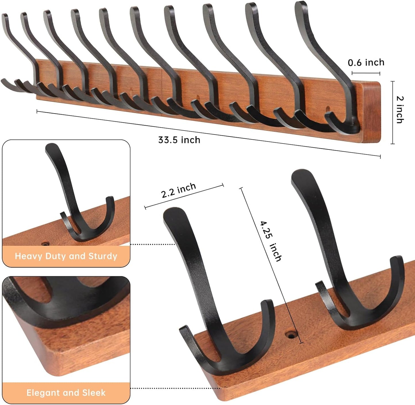 Wall-Mounted Coat Rack with 10 Triple Hooks - Brown Wooden Wall Hooks Rack for Entryway, Bathroom, Living Room - 33.5'' Coat Hat Clothes Rack