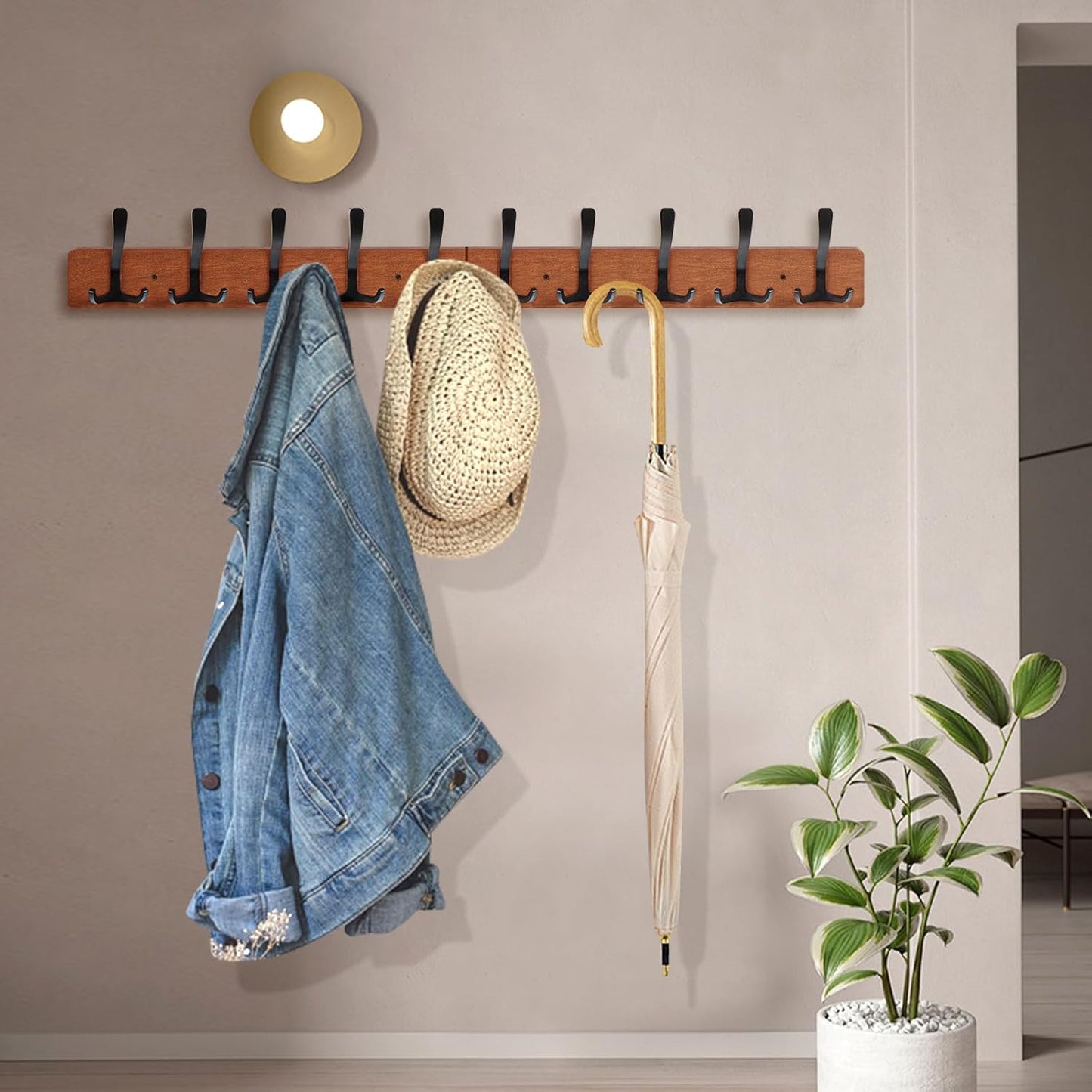 Wall-Mounted Coat Rack with 10 Triple Hooks - Brown Wooden Wall Hooks Rack for Entryway, Bathroom, Living Room - 33.5'' Coat Hat Clothes Rack