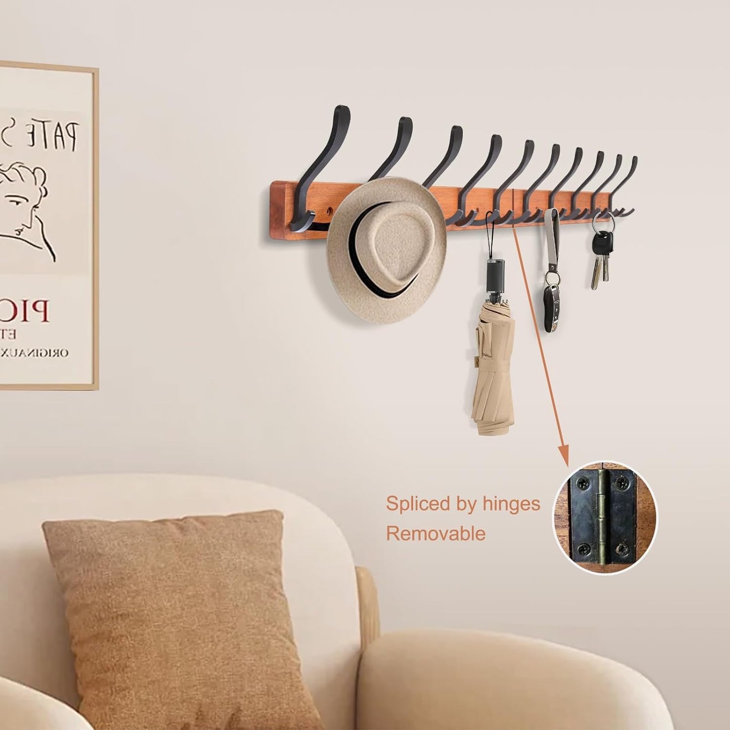 Wall-Mounted Coat Rack with 10 Triple Hooks - Brown Wooden Wall Hooks Rack for Entryway, Bathroom, Living Room - 33.5'' Coat Hat Clothes Rack