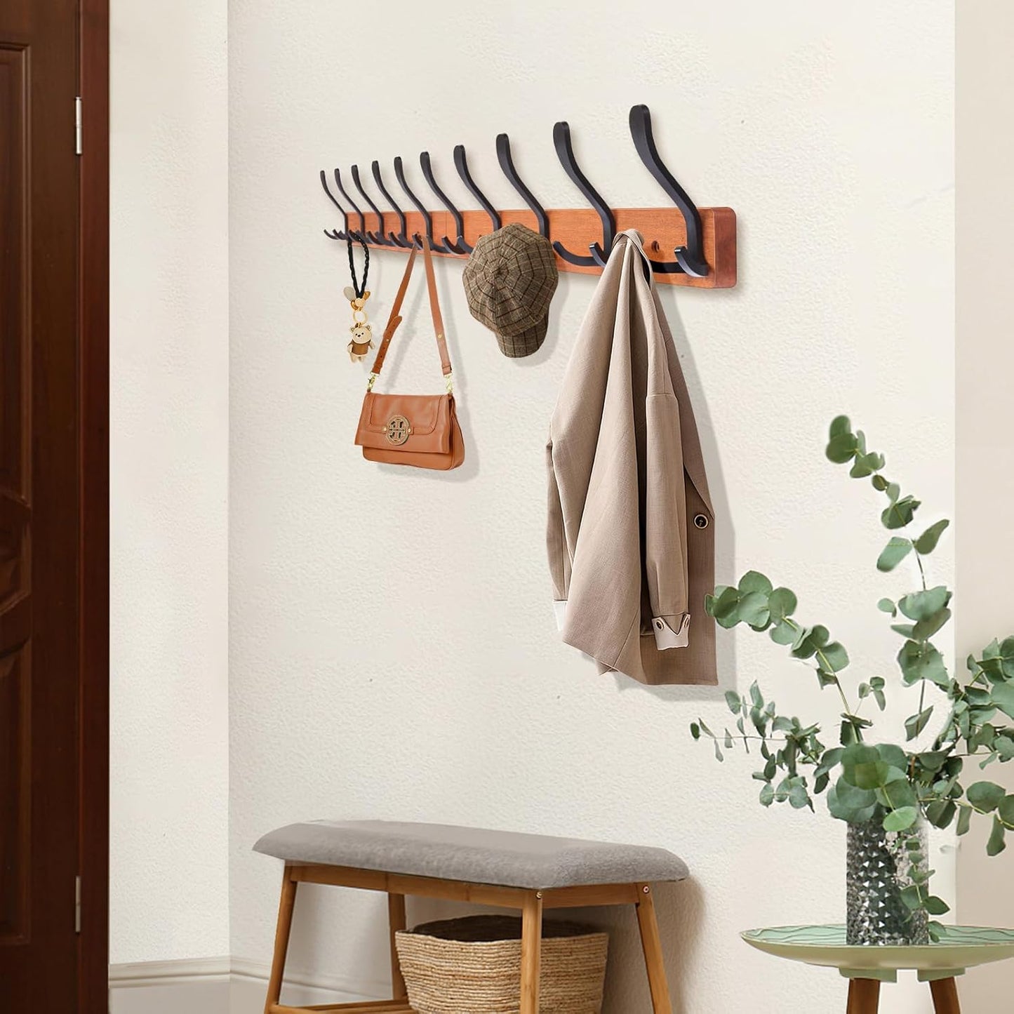 Wall-Mounted Coat Rack with 10 Triple Hooks - Brown Wooden Wall Hooks Rack for Entryway, Bathroom, Living Room - 33.5'' Coat Hat Clothes Rack