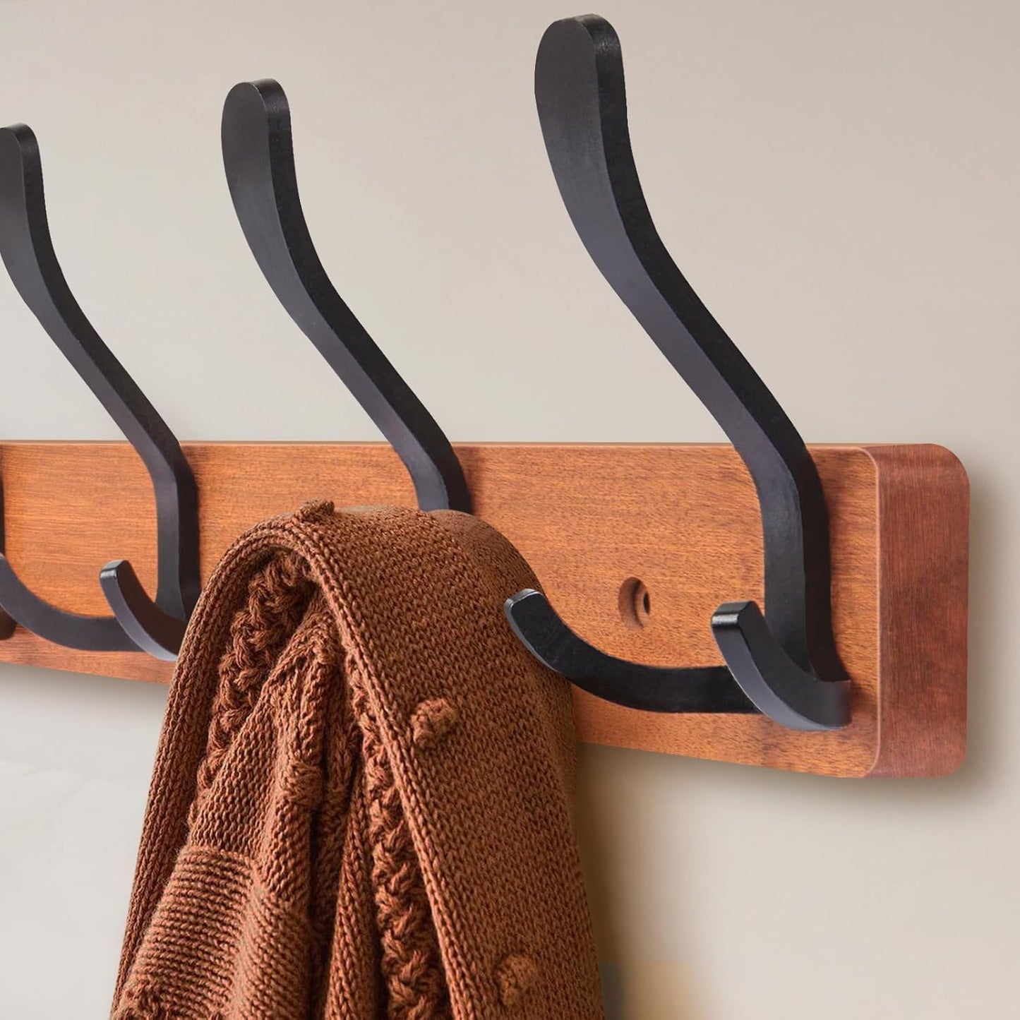 Wall-Mounted Coat Rack with 10 Triple Hooks - Brown Wooden Wall Hooks Rack for Entryway, Bathroom, Living Room - 33.5'' Coat Hat Clothes Rack