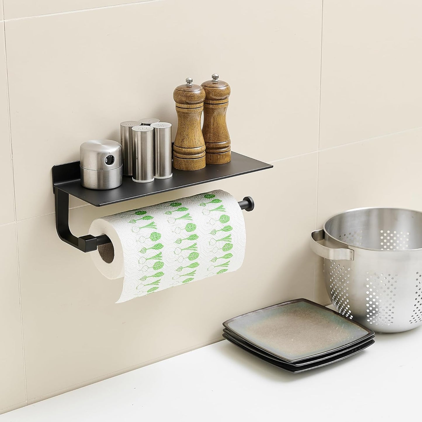 Wall Mounted Hand Towel Holder with Shelf for Bathroom and Kitchen - Black Paper Towel Rack