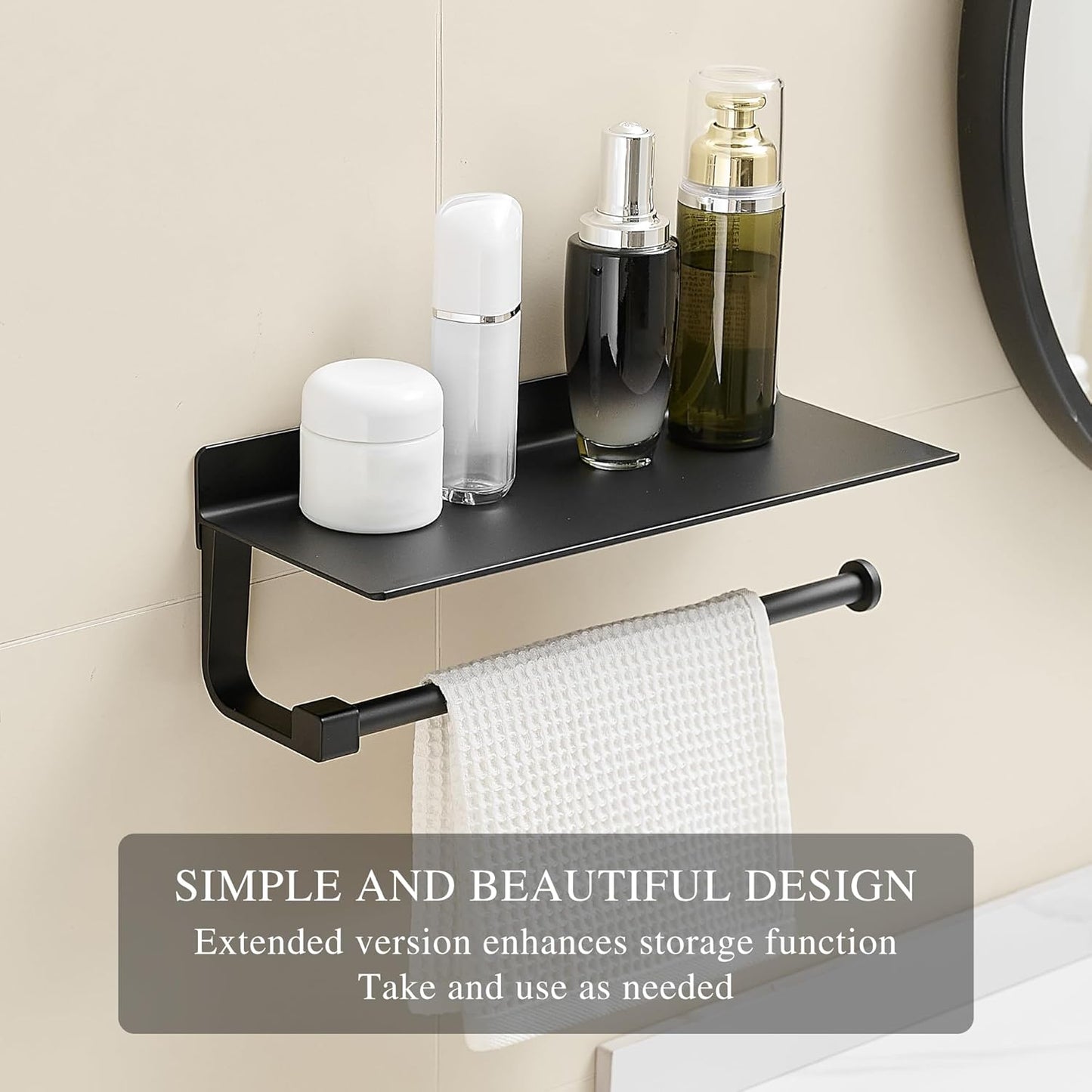 Wall Mounted Hand Towel Holder with Shelf for Bathroom and Kitchen - Black Paper Towel Rack